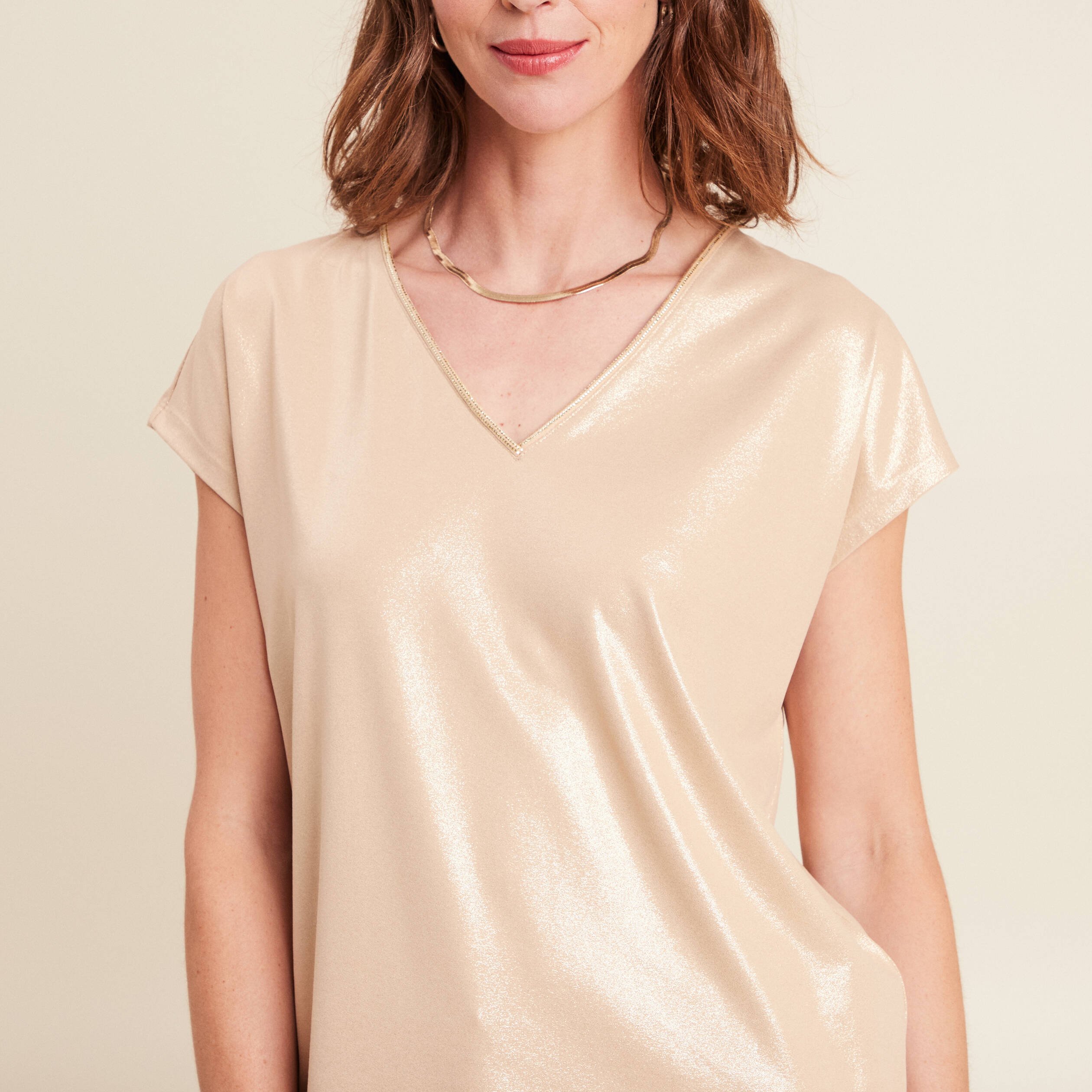 t shirt col v manches courtes beige femme t-shirt col V manches courtes beige femme