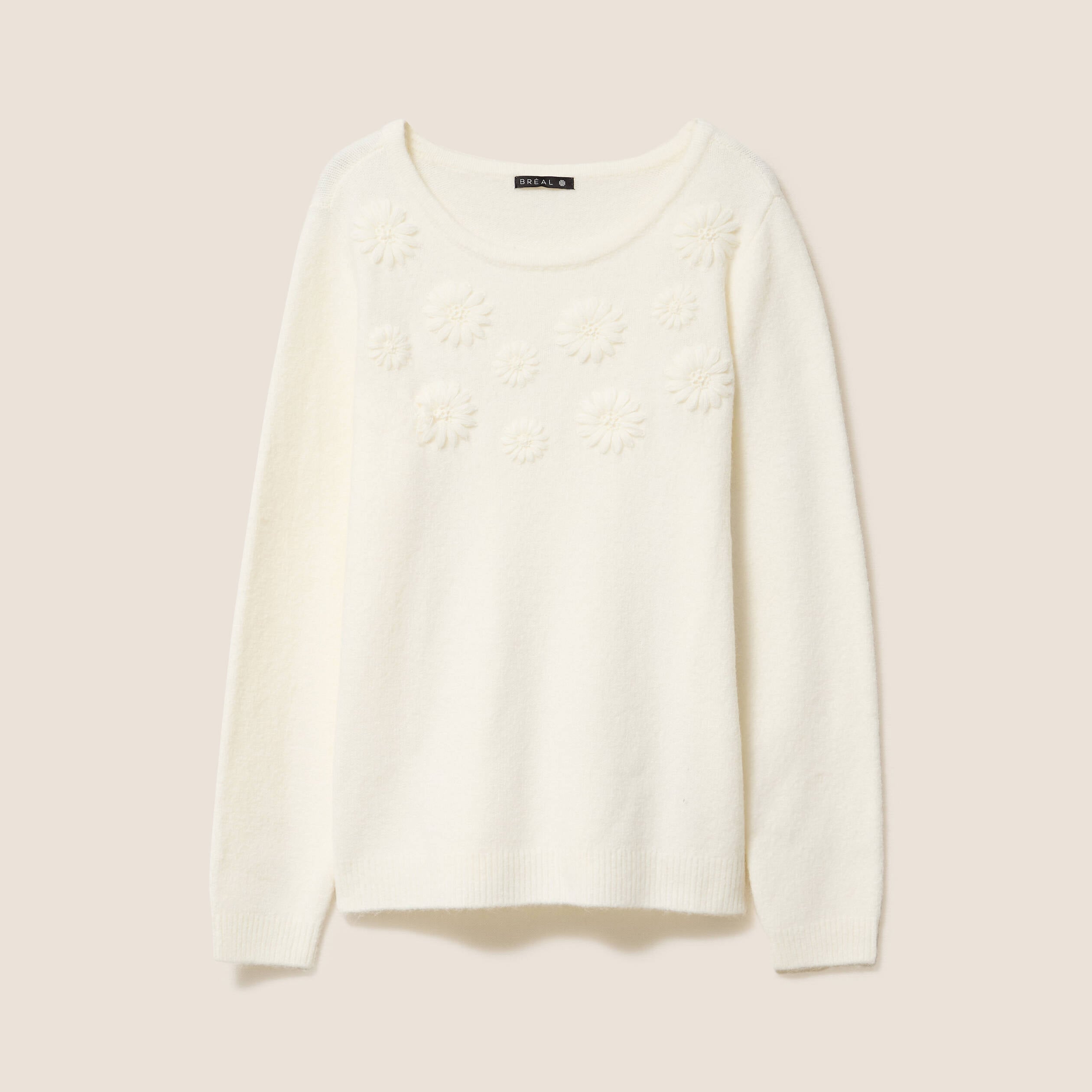 Pull brod&eacute; col rond manches longues ecru femme