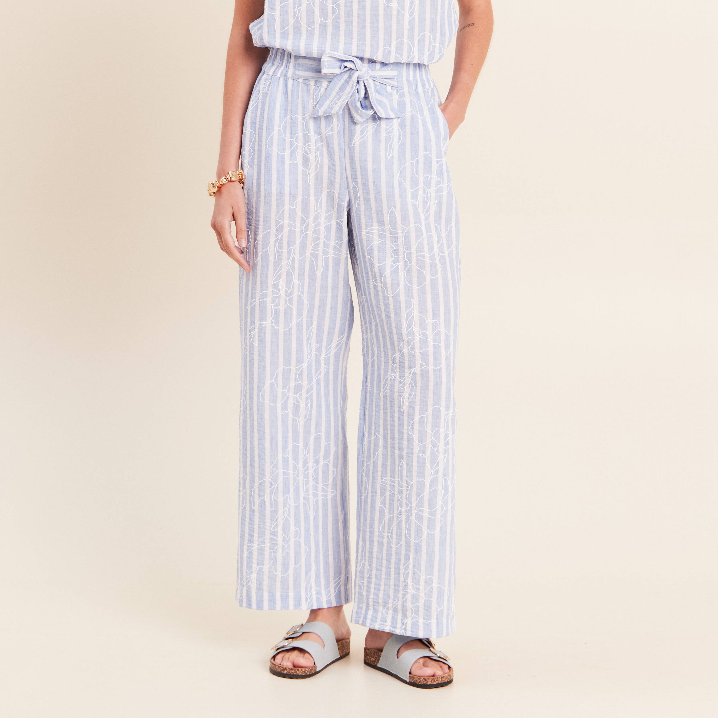 Pantalon large taille haute bleu femme
