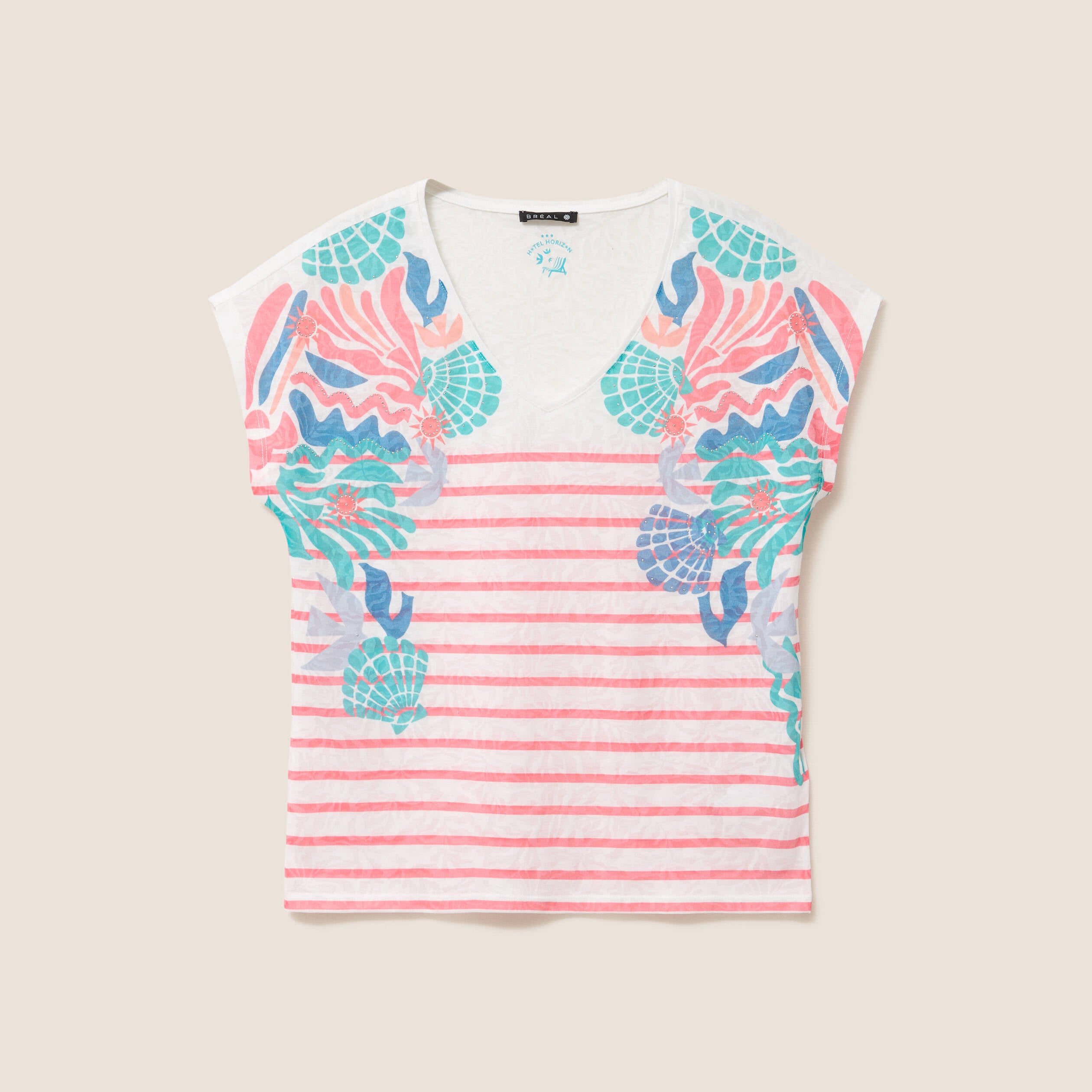 T-shirt col v manches courtes strass ecru femme