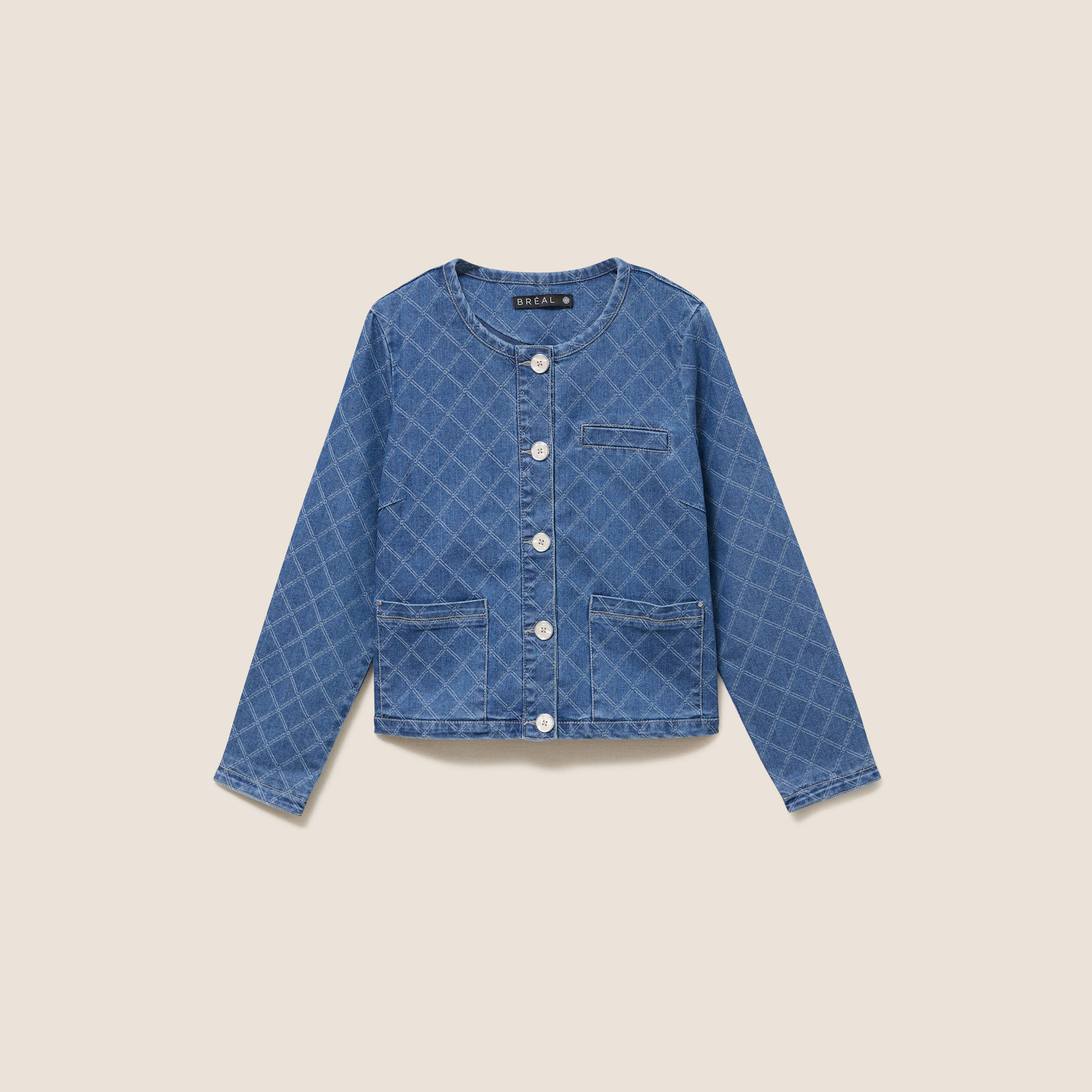 Veste courte droite en jean doubl&eacute;e denim stone femme