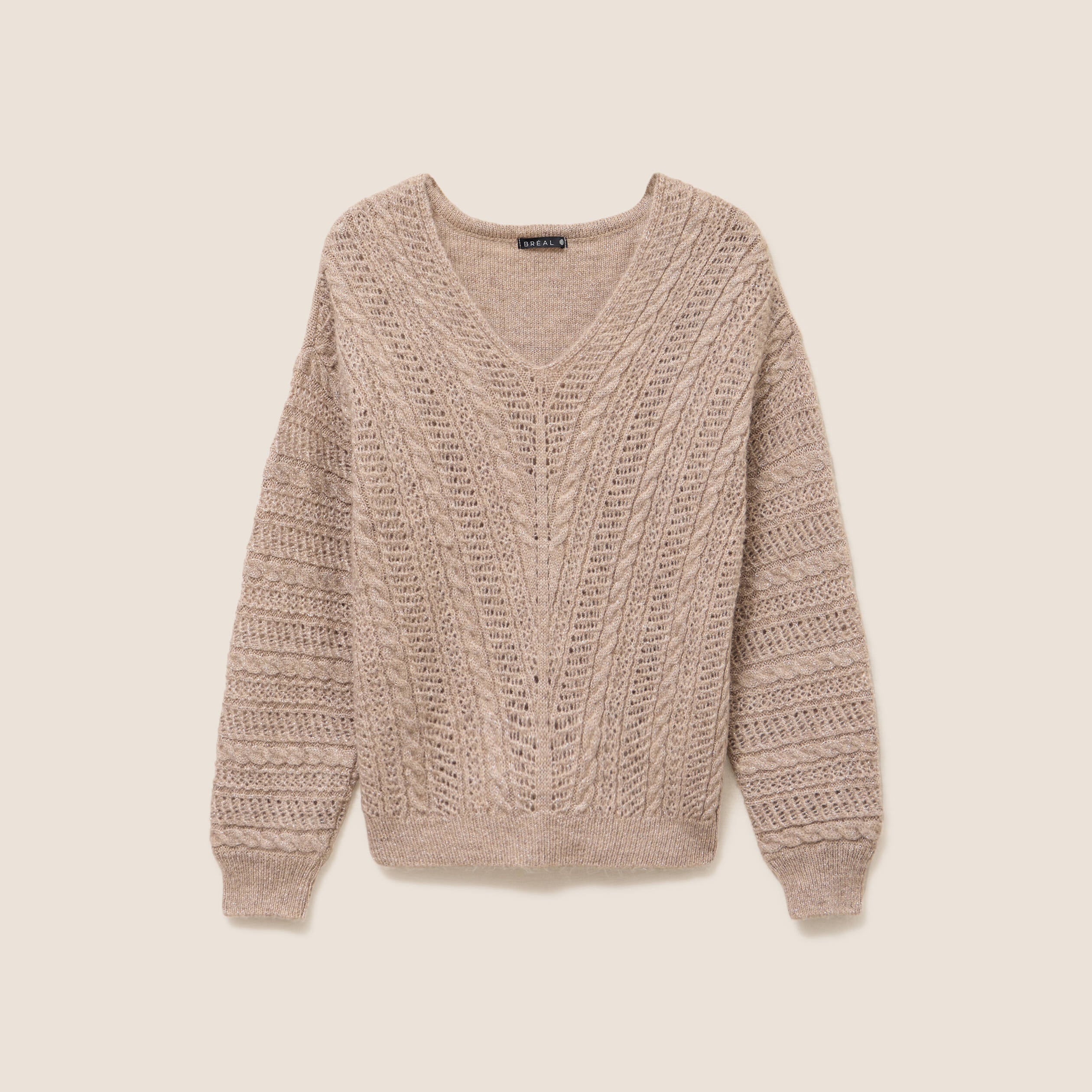 Pull col V manches longues taupe femme