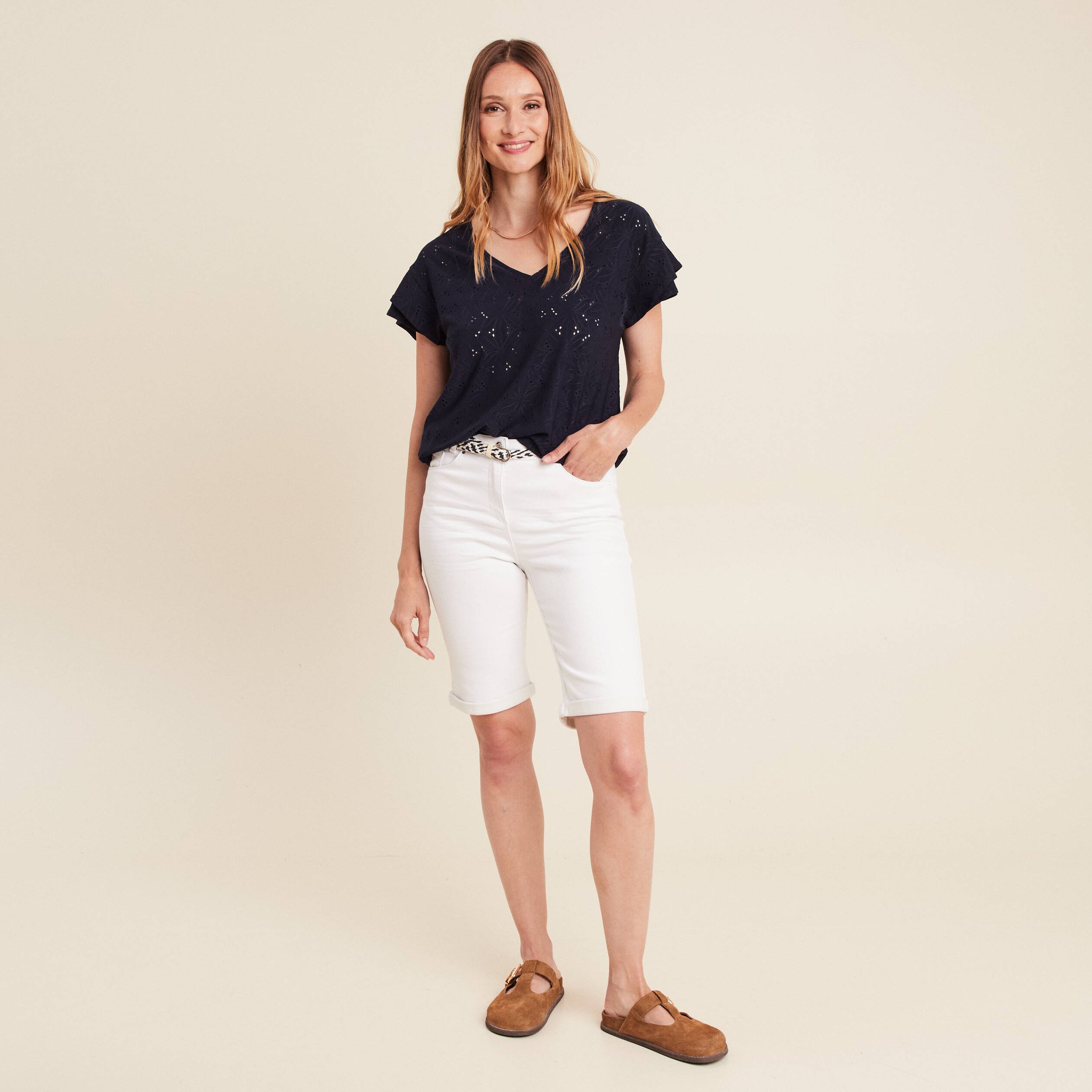 bermuda ajuste ceinture blanc femme Bermuda ajusté ceinturé blanc femme