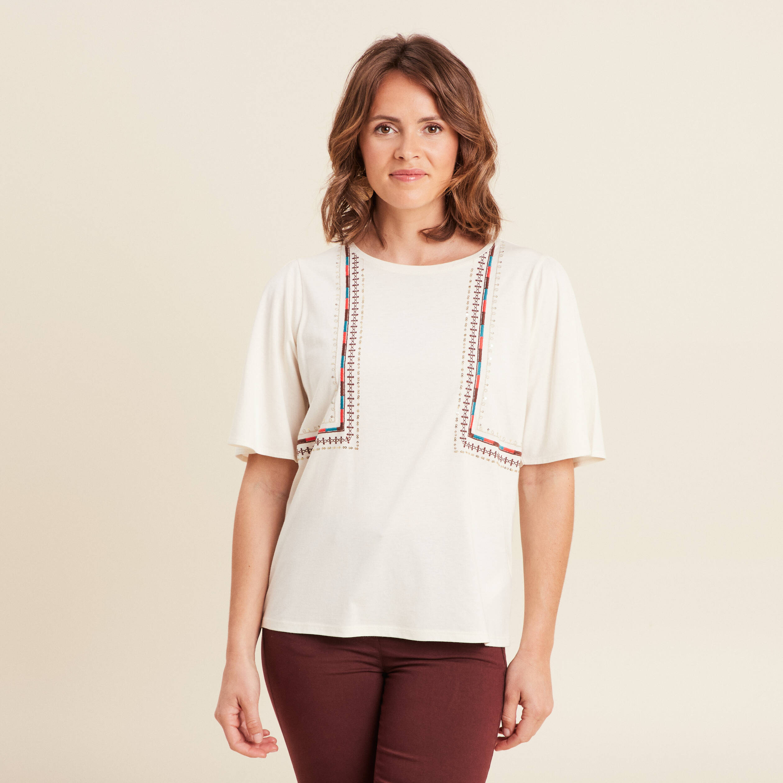 t shirt manches courtes brode ecru femme T-shirt manches courtes brodé ecru femme