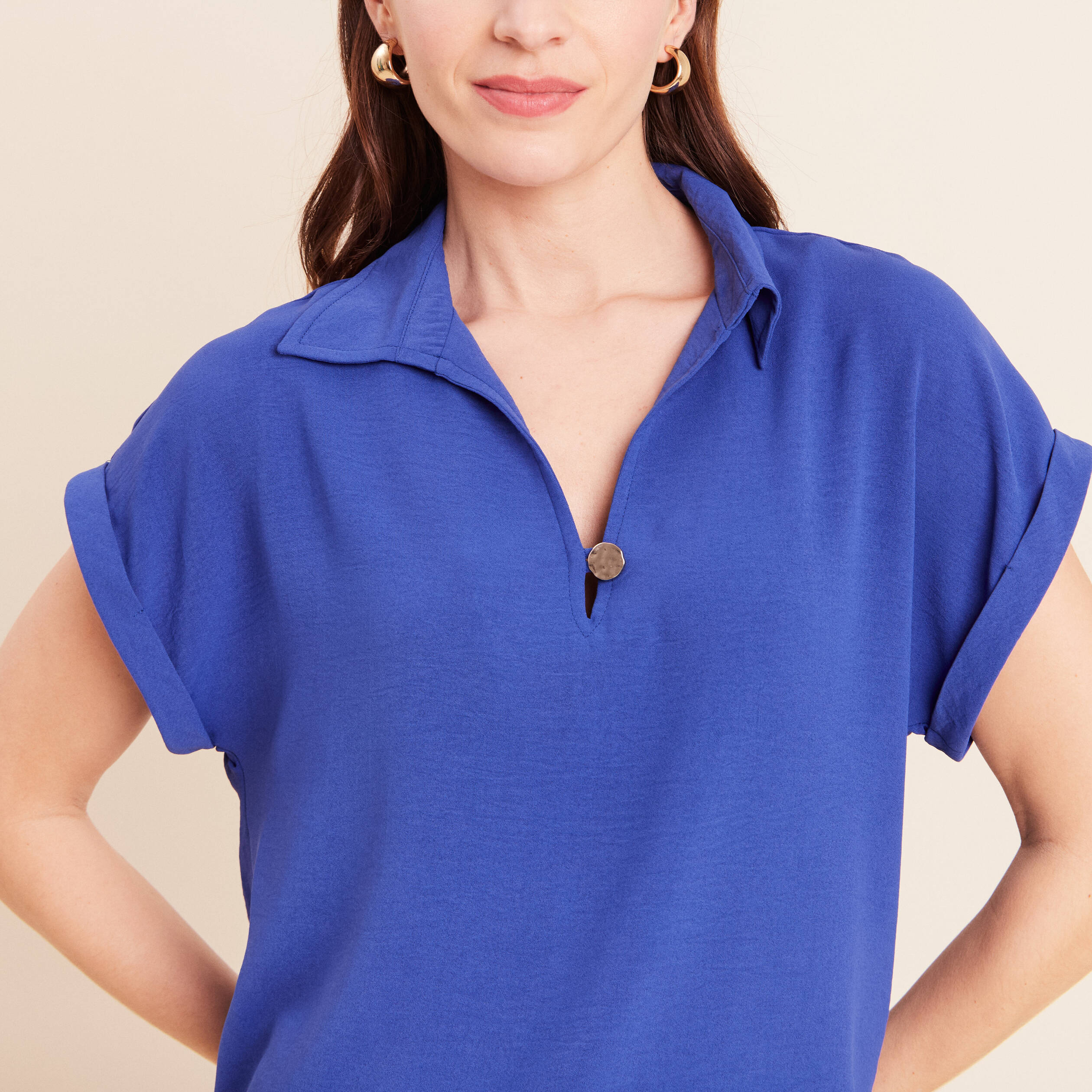 Blouse manches courtes bleu fonc&eacute; femme