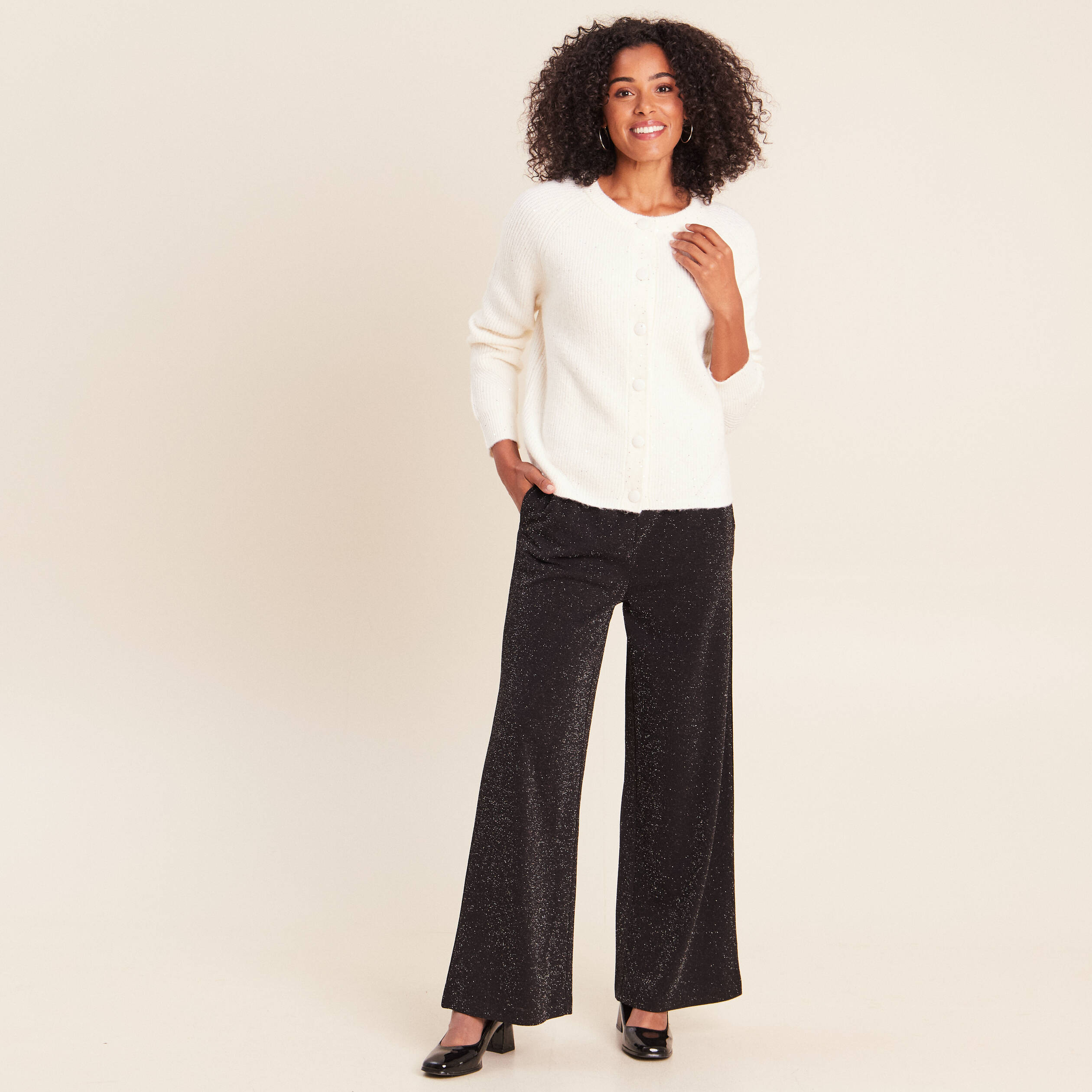Cardigan col rond &agrave; sequins ecru femme