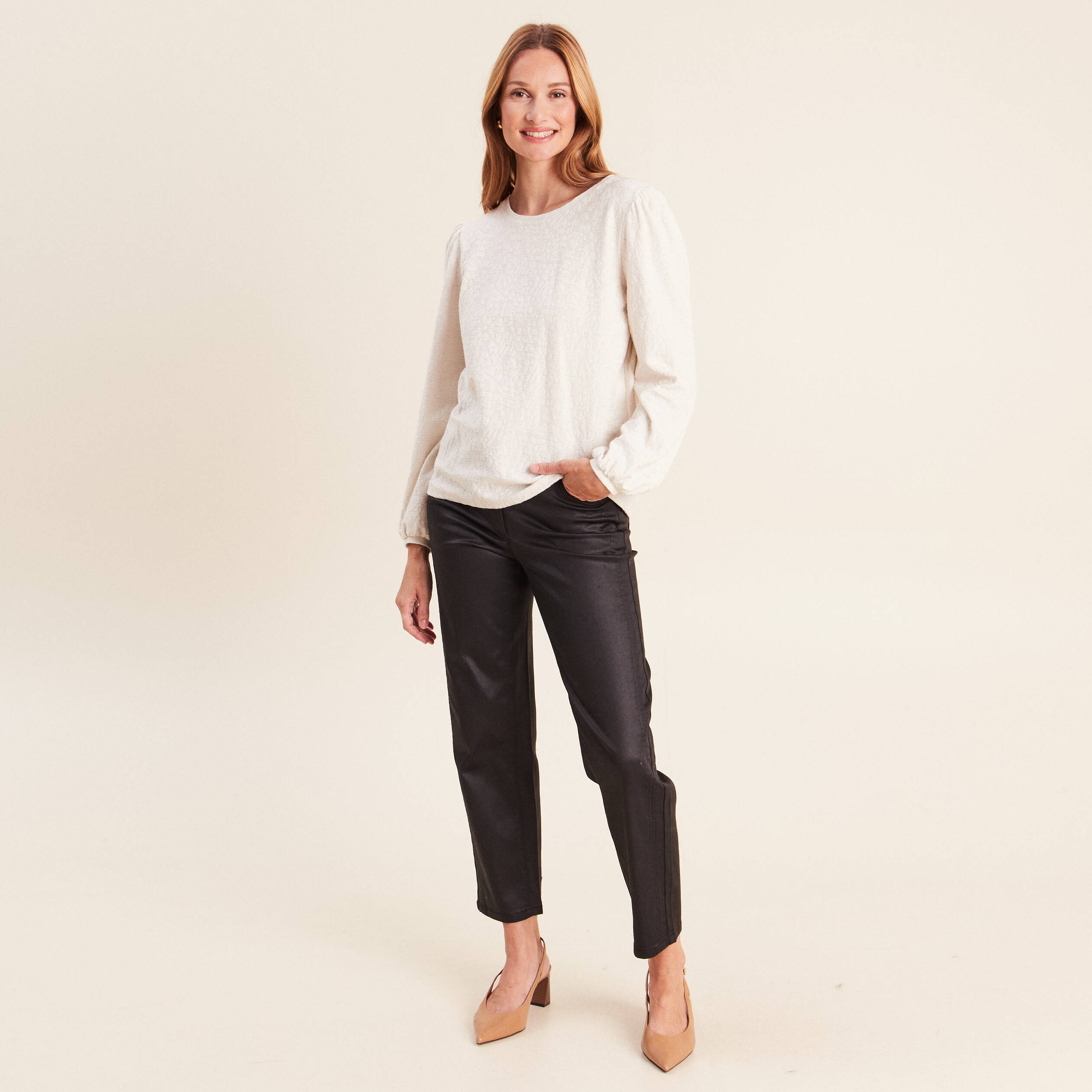 Blouse col rond manches longues ivoire femme