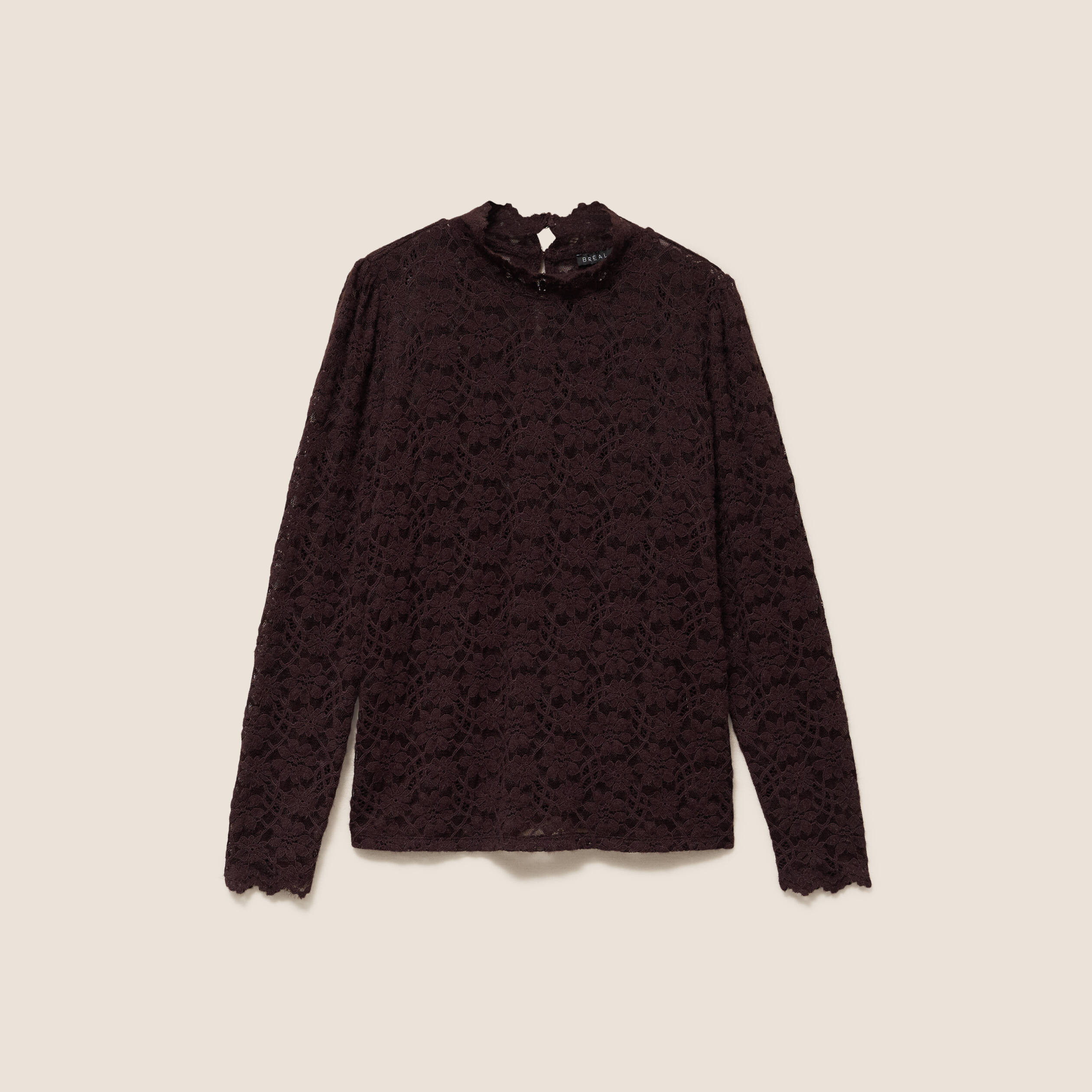 T-shirt cintr&eacute; col montant dentelle marron fonc&eacute; femme