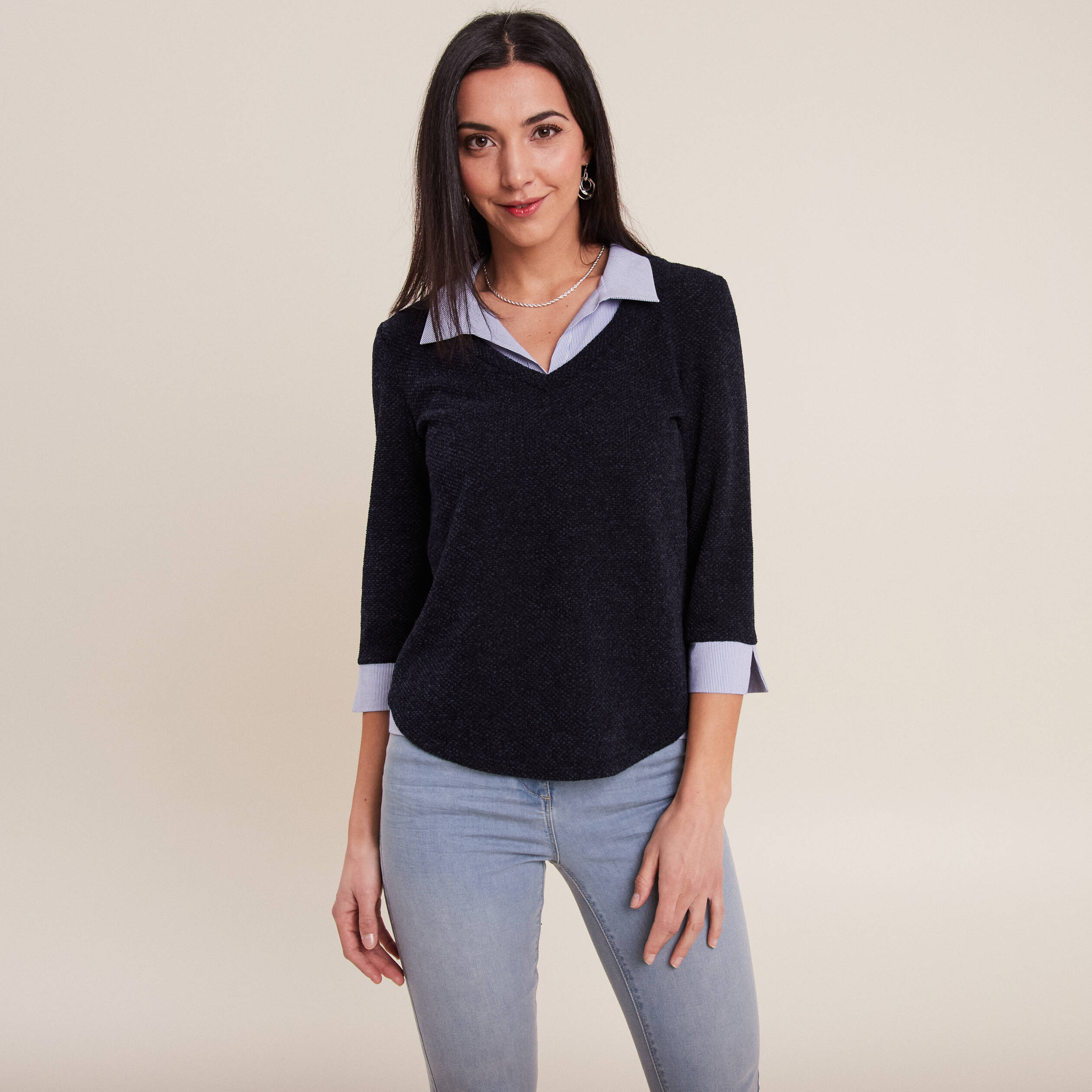 T-shirt manches 3/4 bleu marine femme