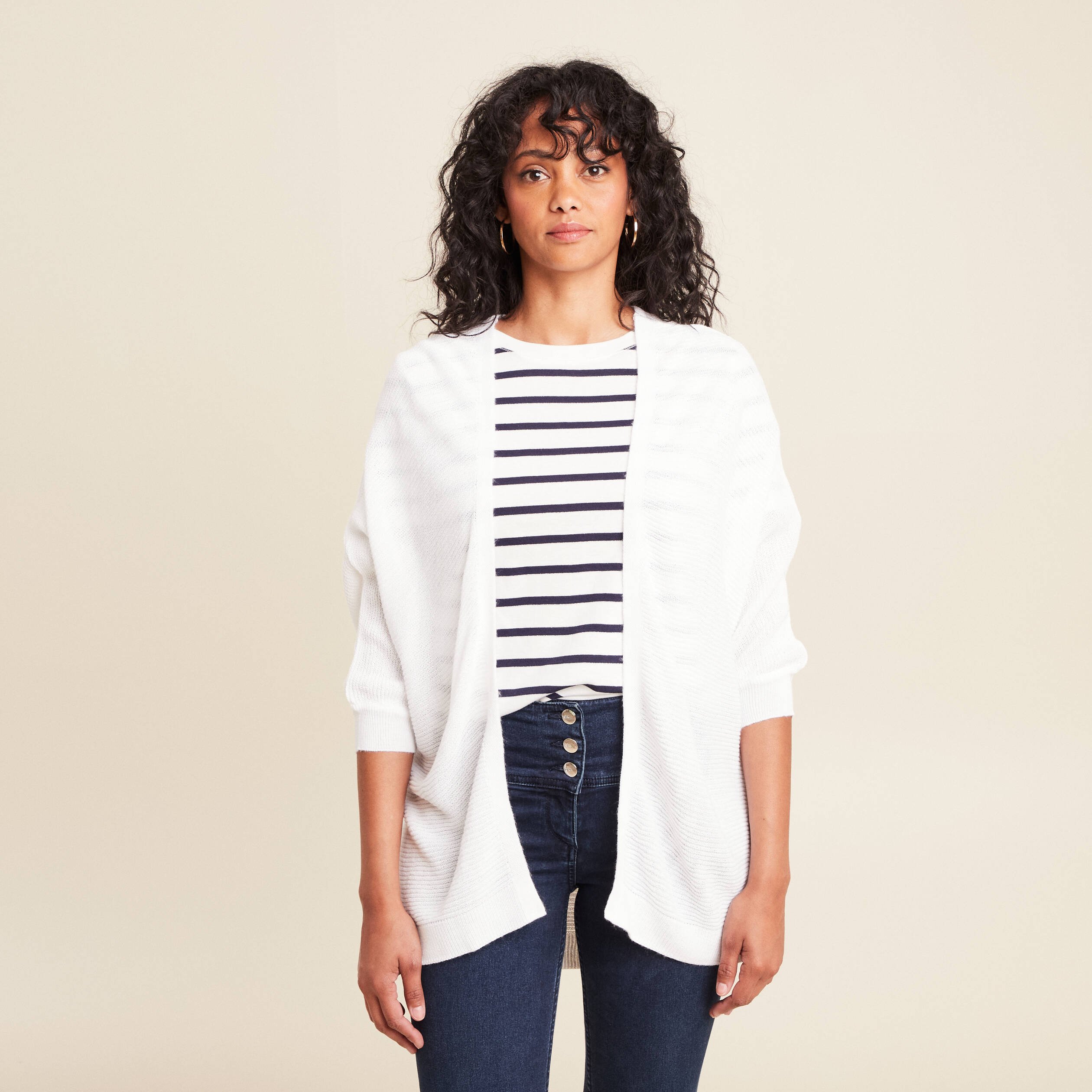 Gilet droit mi-long à pans manches 3/4 ecru femme