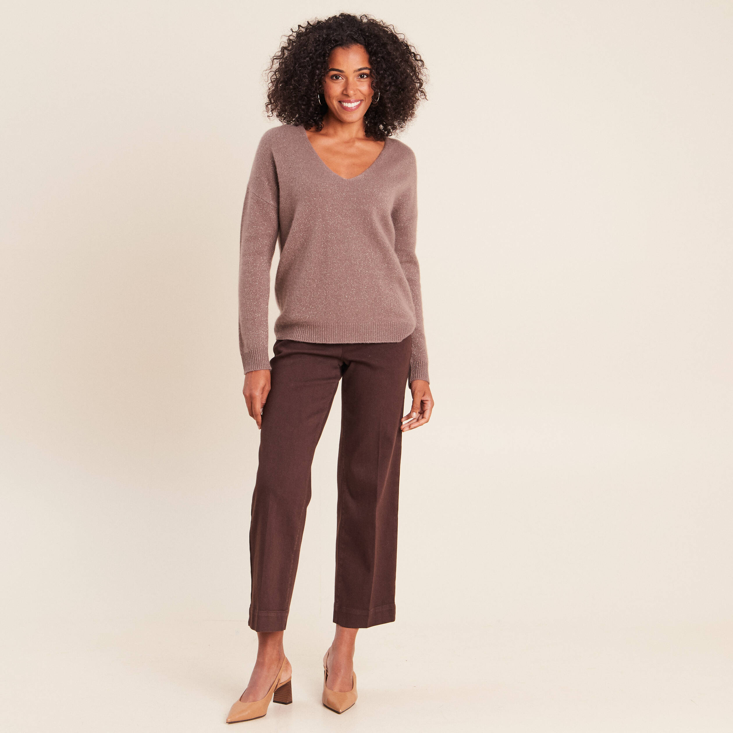 Pull en cachemire col v couleur cuivre femme