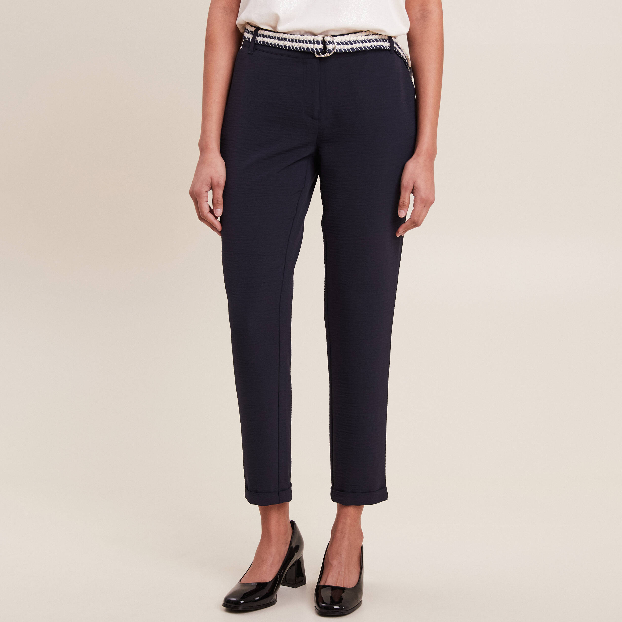 Pantalon chino a ceinture bleu fonce femme Vibs