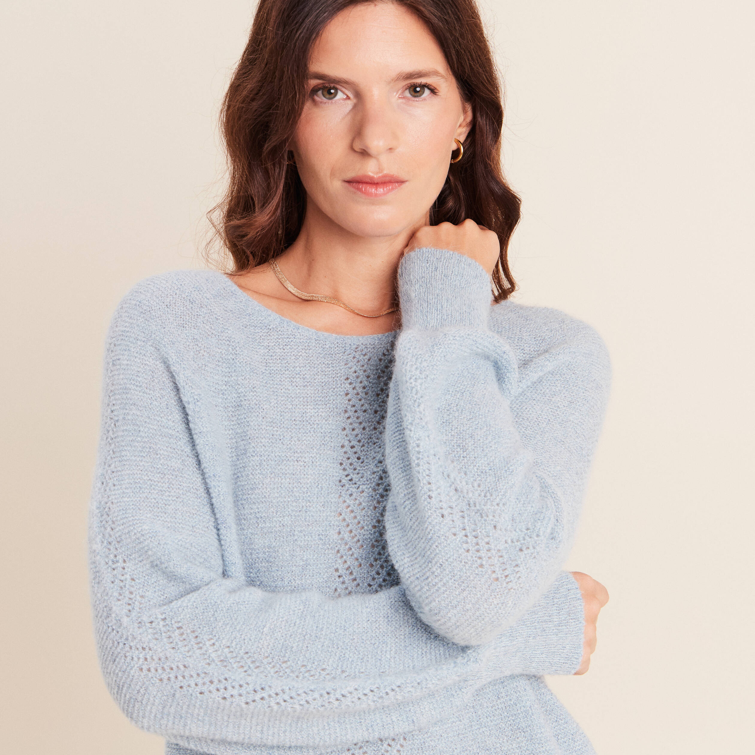Pull droit col rond manches longues bleu canard femme