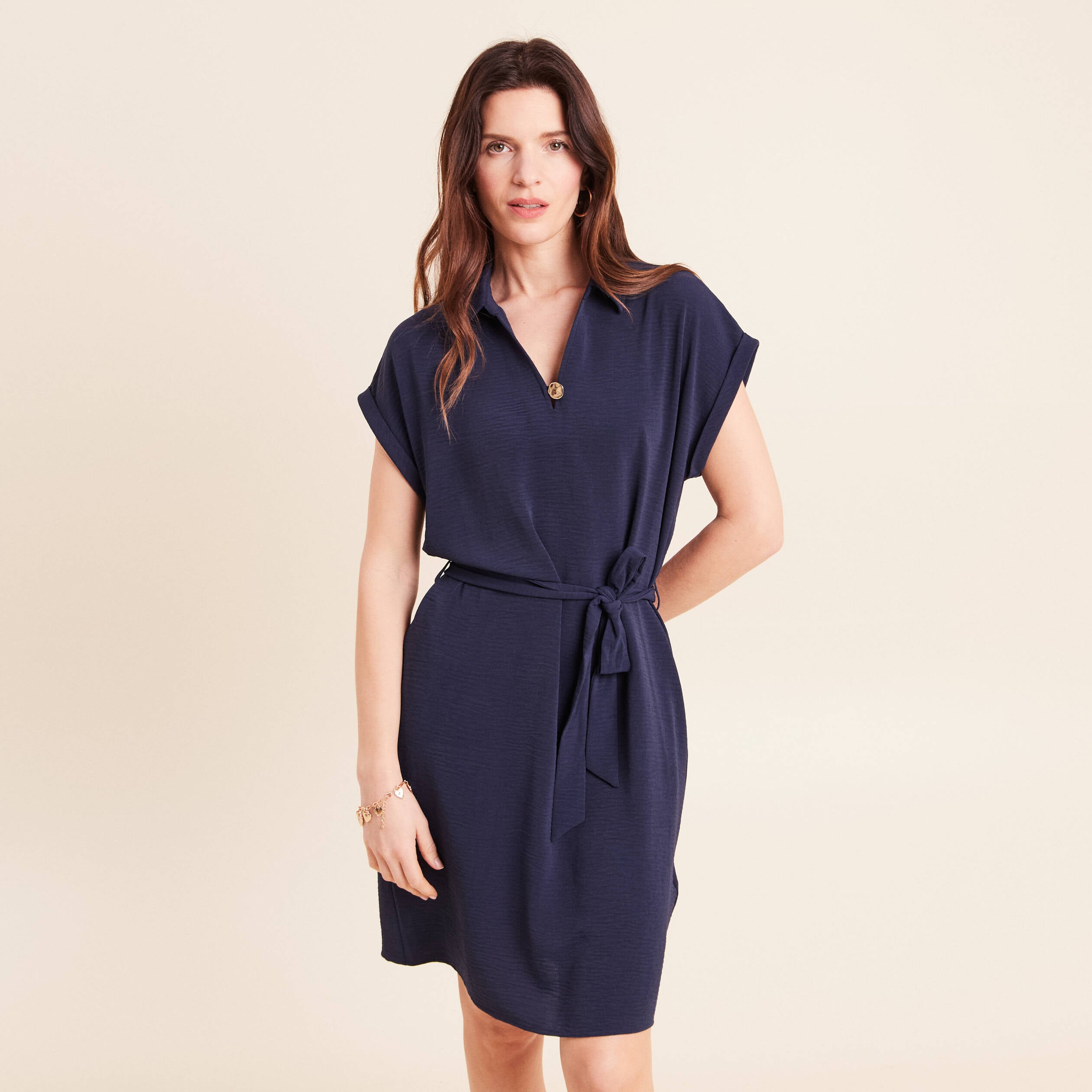 Robe droite courte manches courtes bleu marine femme