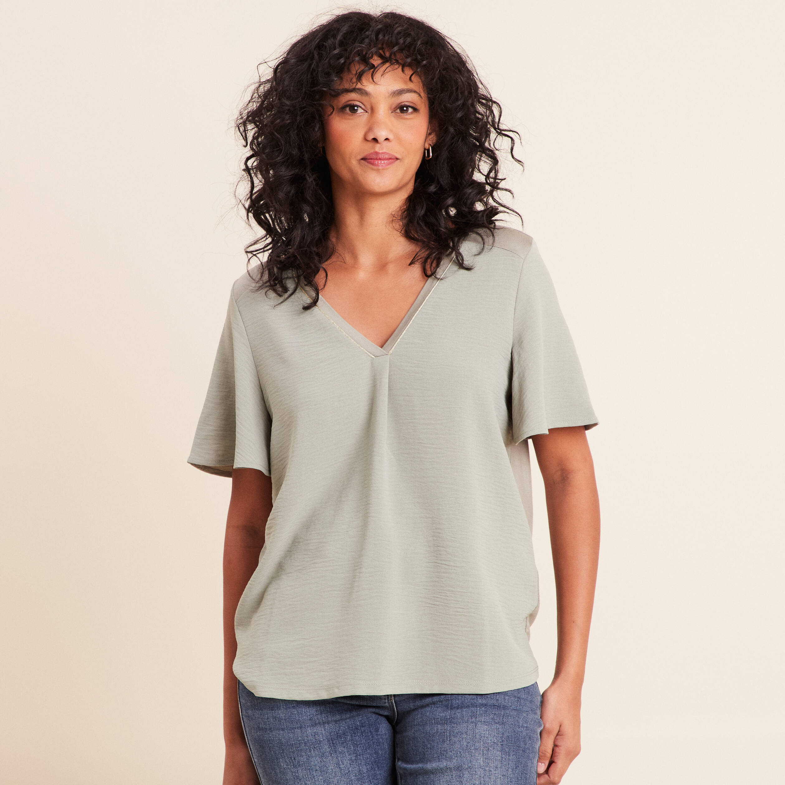 T-shirt bi-mati&egrave;re manches courtes vert clair femme