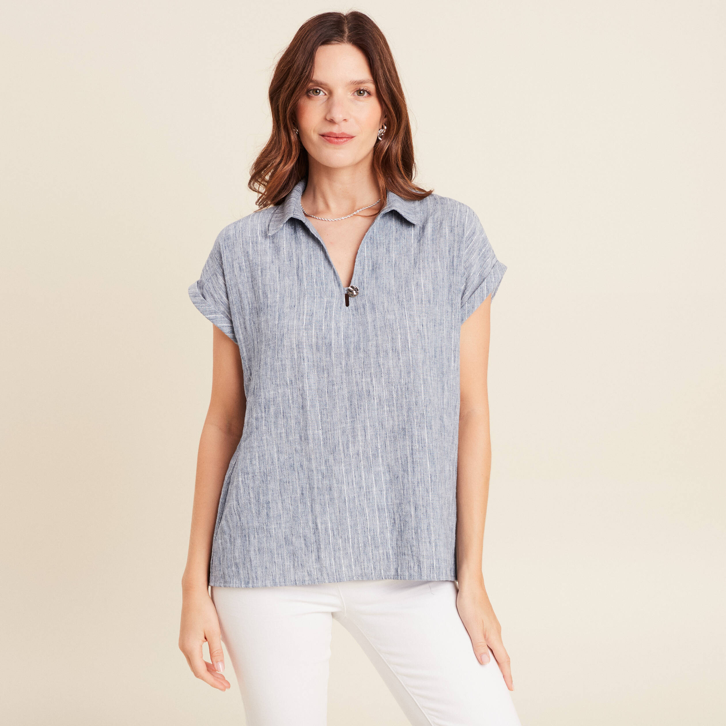 Blouse manches courtes fluide bleu femme
