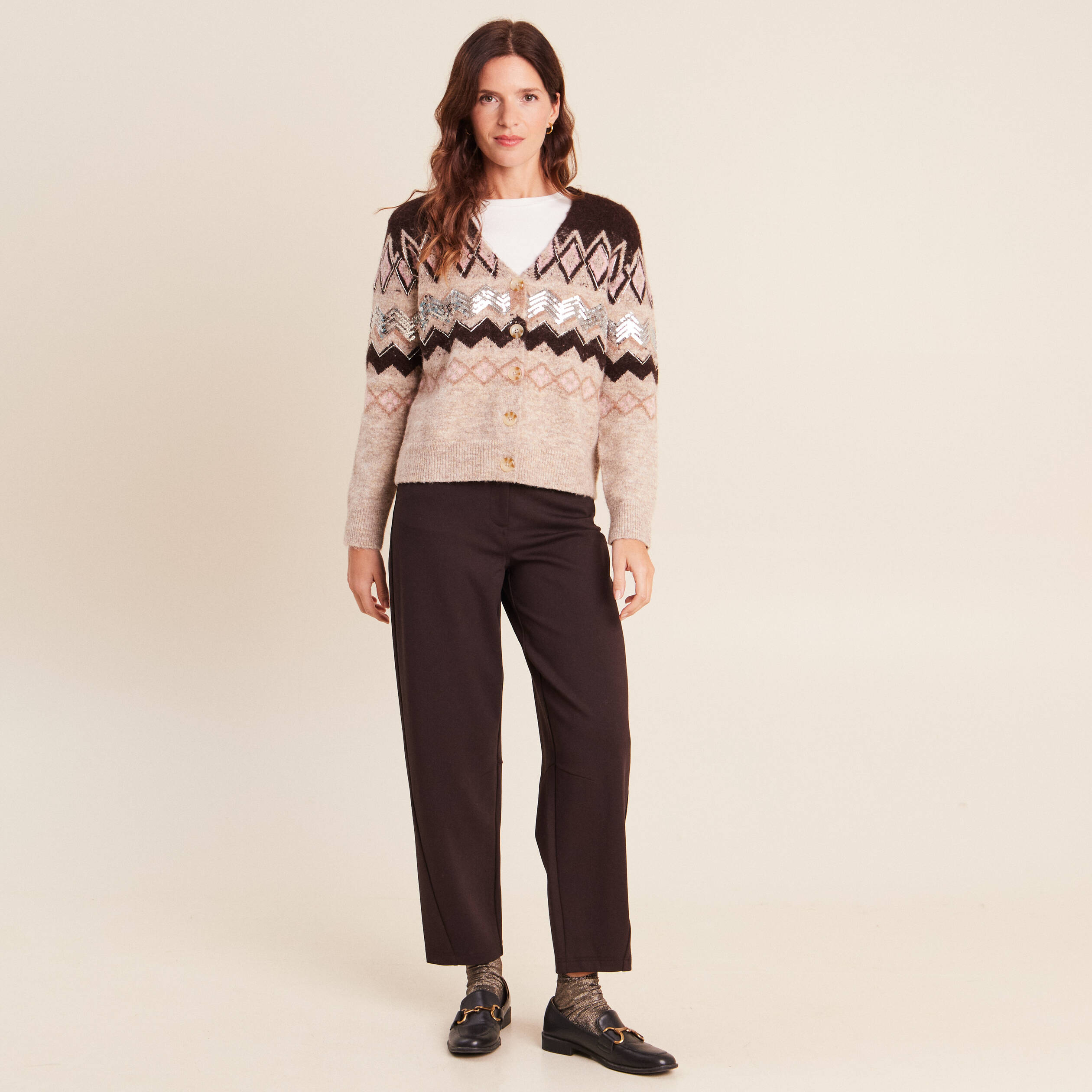 Cardigan jacquard col rond marron femme