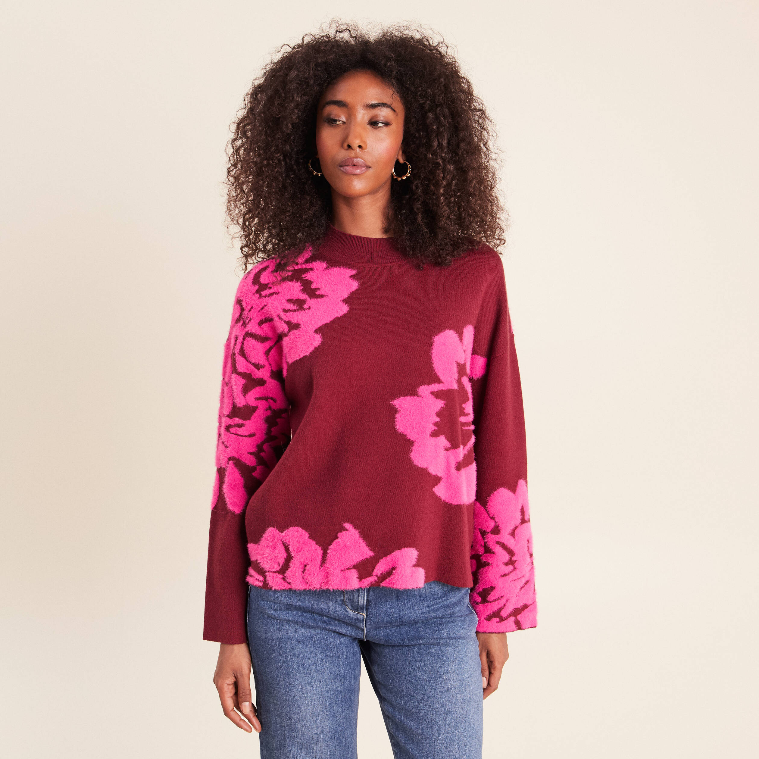 Pull col montant bordeaux femme