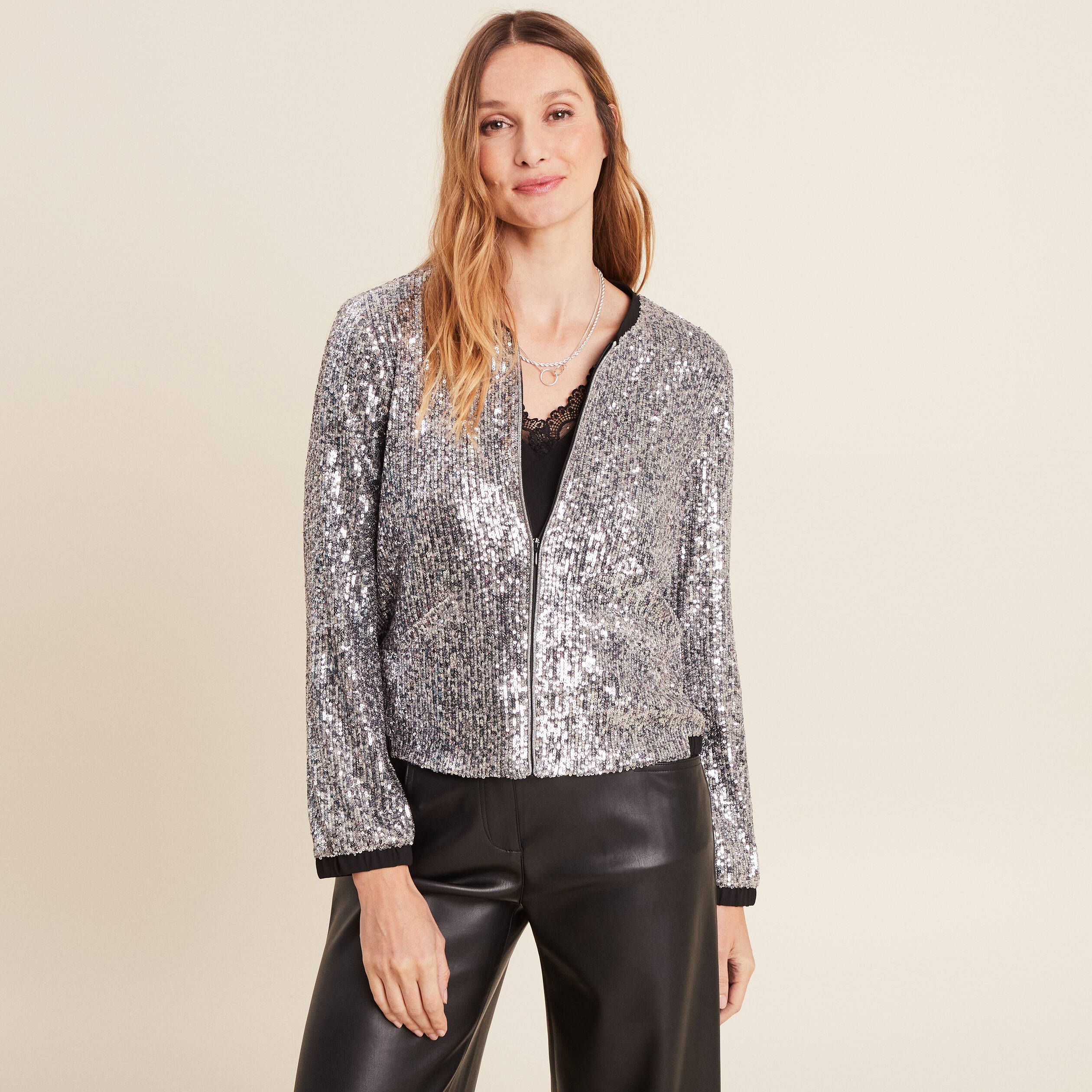 Veste zipp&eacute;e sequins gris argent femme