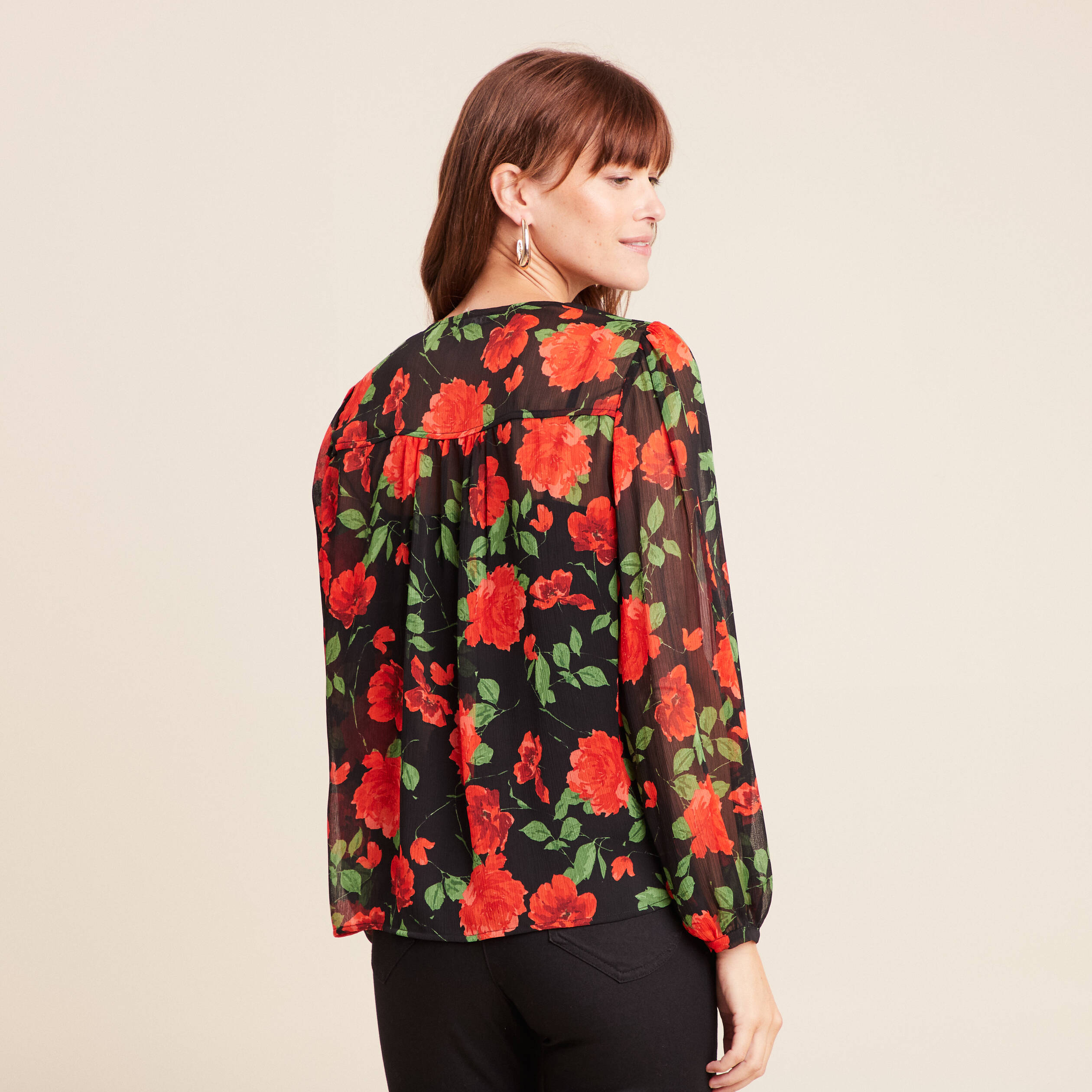 Blouse ample en voile col rond rouge femme