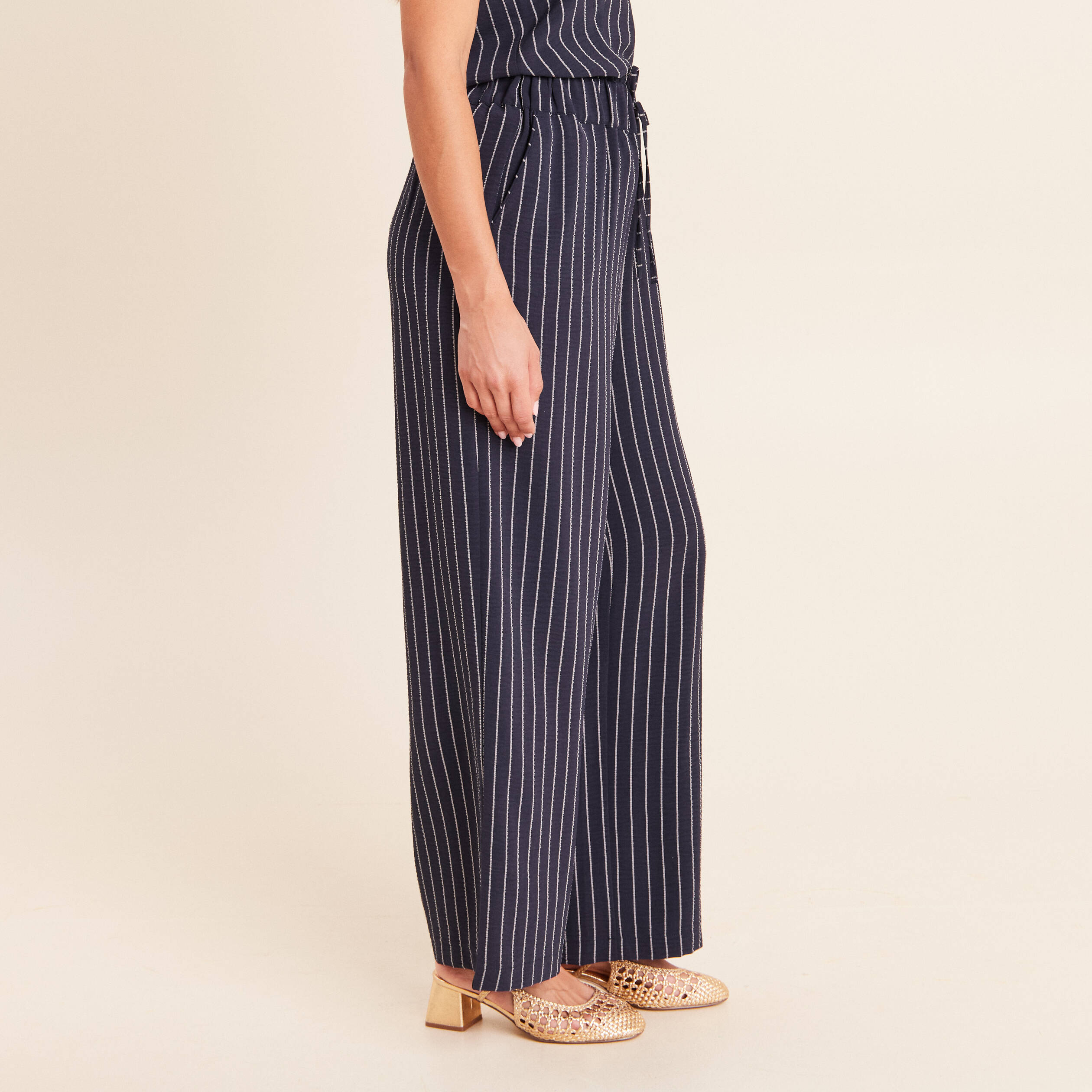 Pantalon large taille haute bleu fonc&eacute; femme