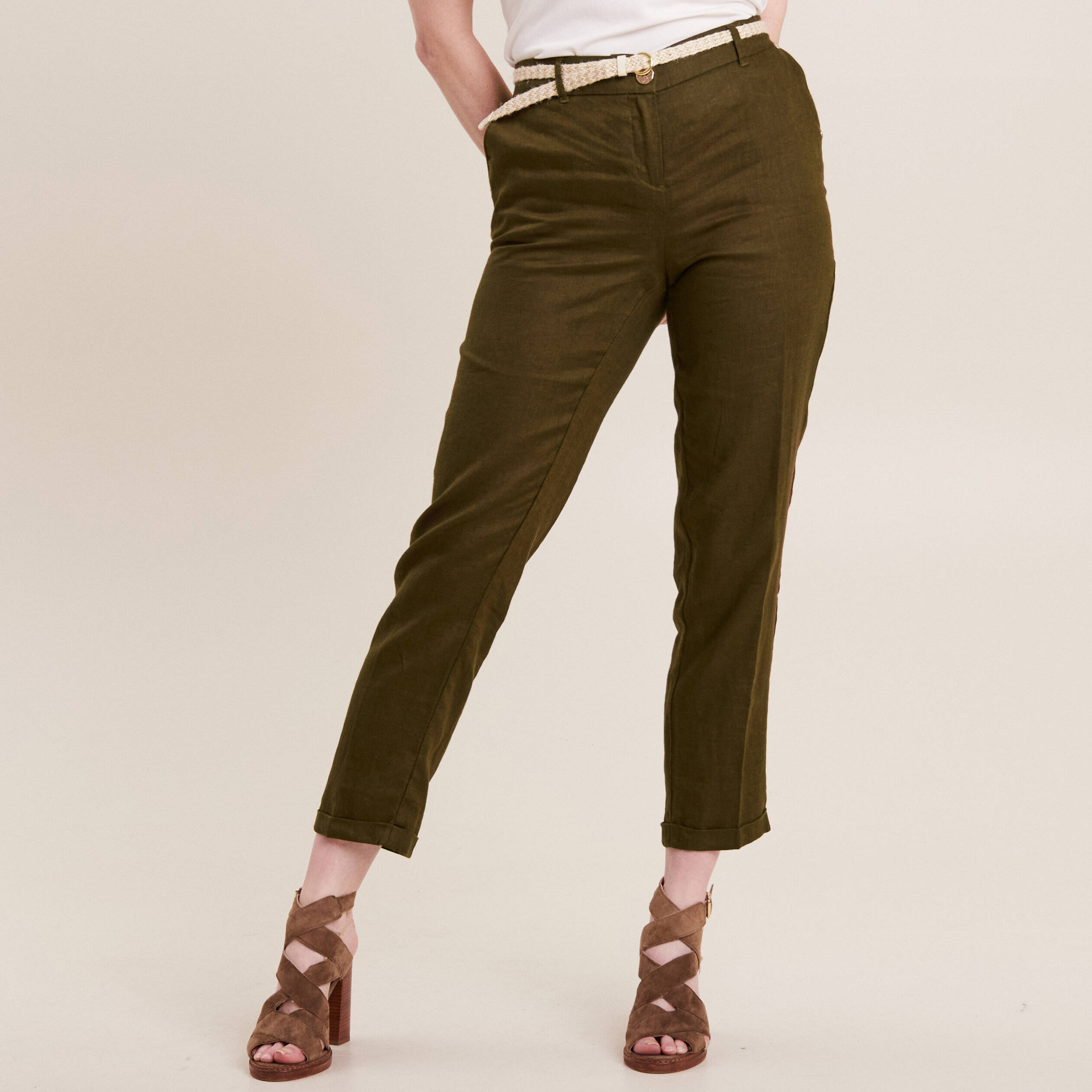Pantalon large fluide ceinturé vert foncé femme
