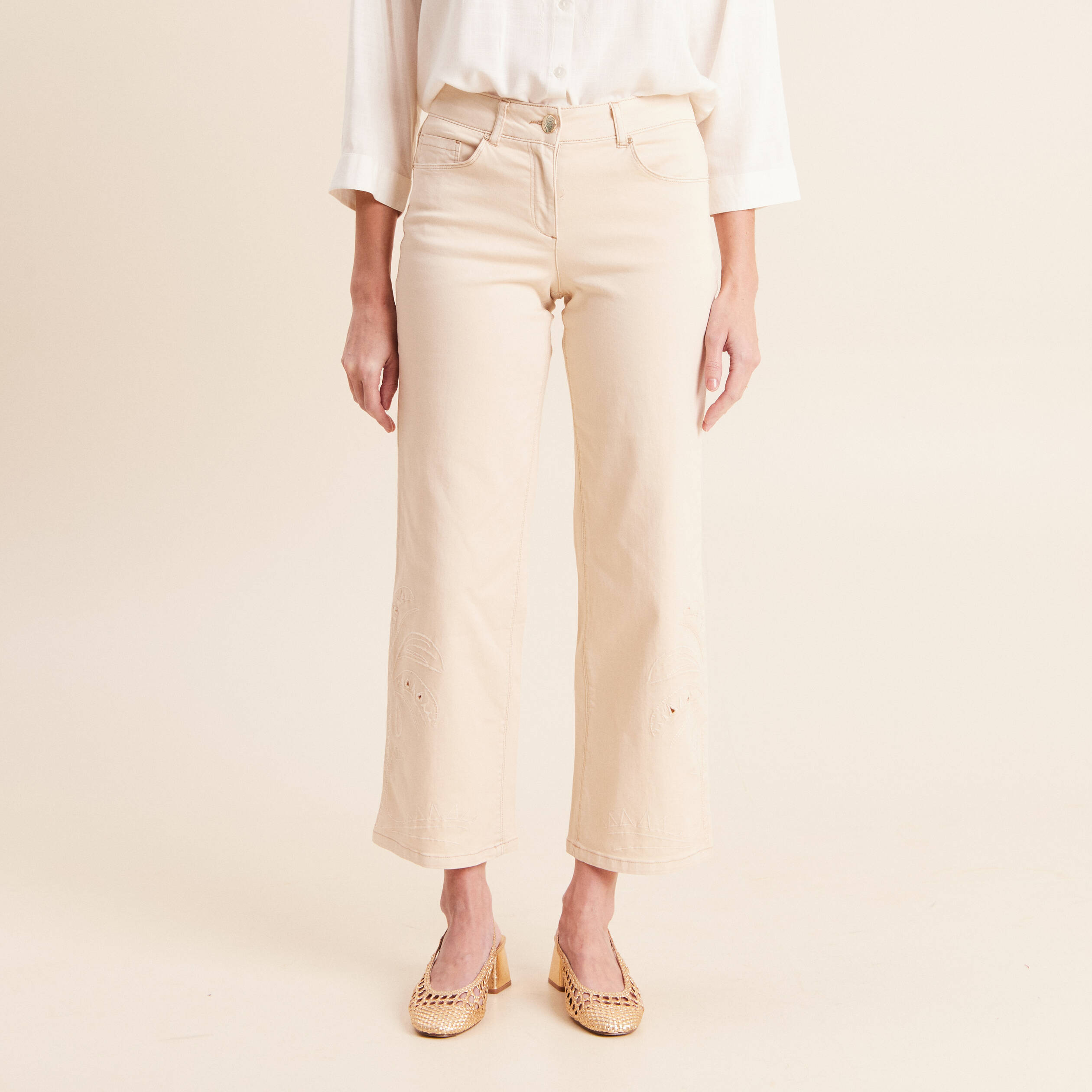 Pantalon 7/8&egrave;me coupe large ivoire femme
