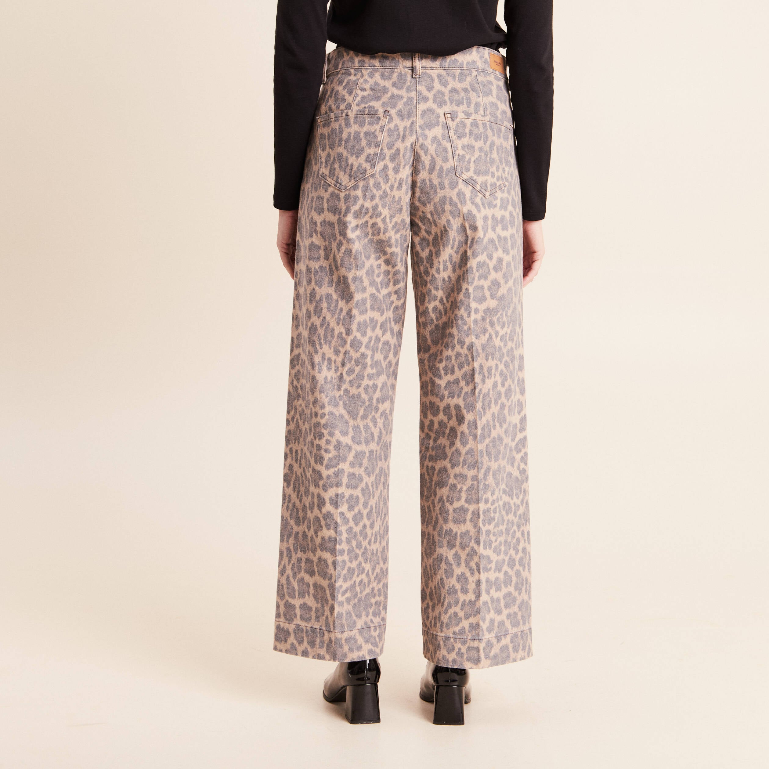 Pantalon taille haute coupe large marron femme