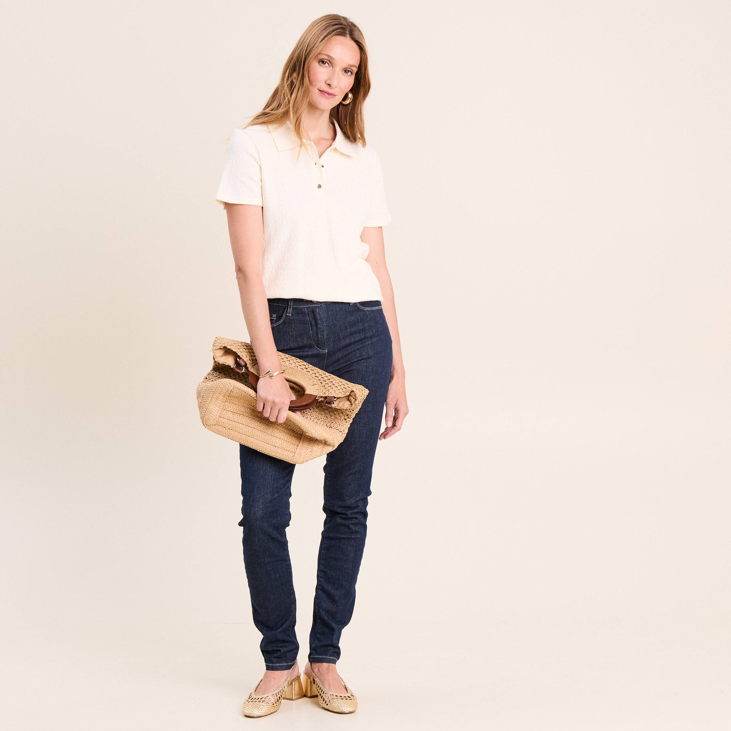Polo jacquard manches courtes ecru femme
