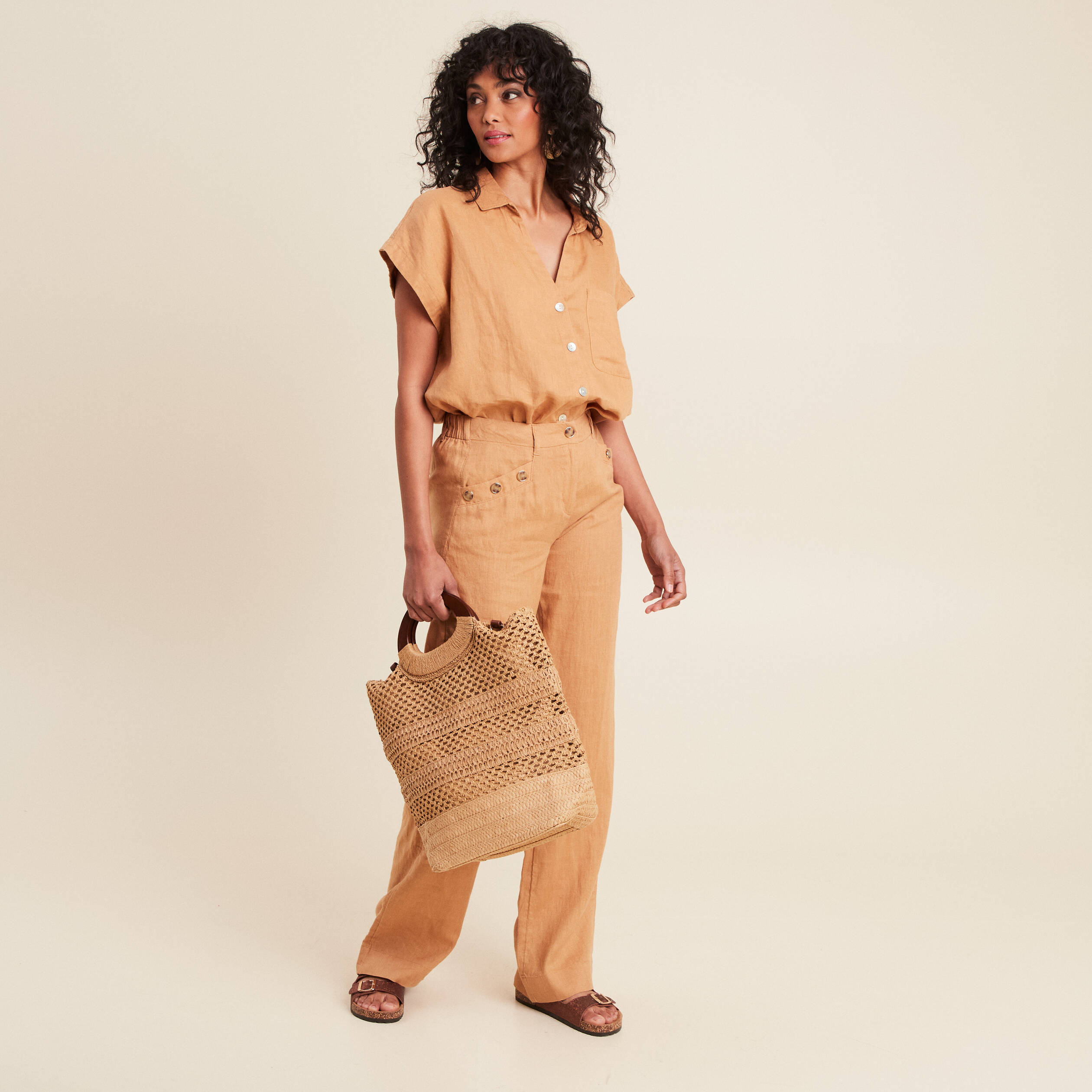 pantalon fluide taille haute beige femme Pantalon fluide taille haute beige femme
