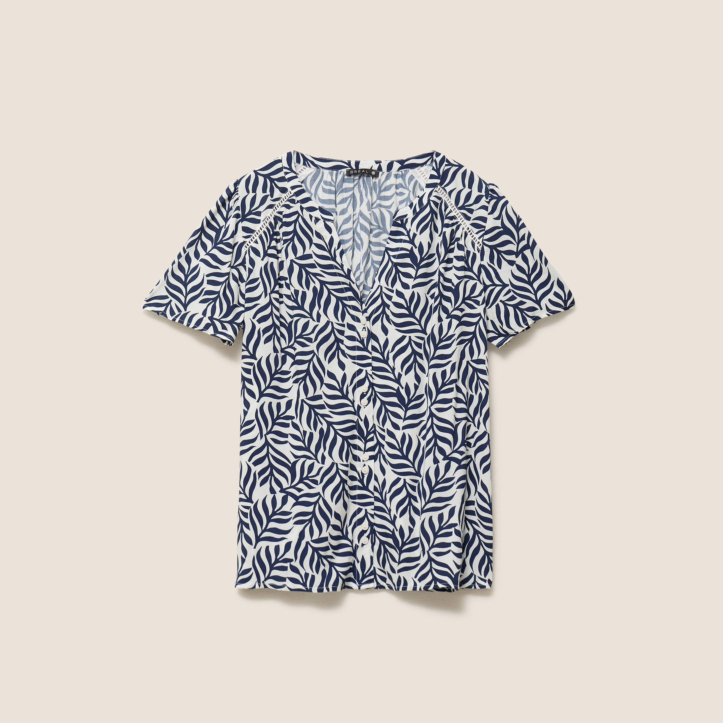 Blouse col v manches courtes fluide bleu femme