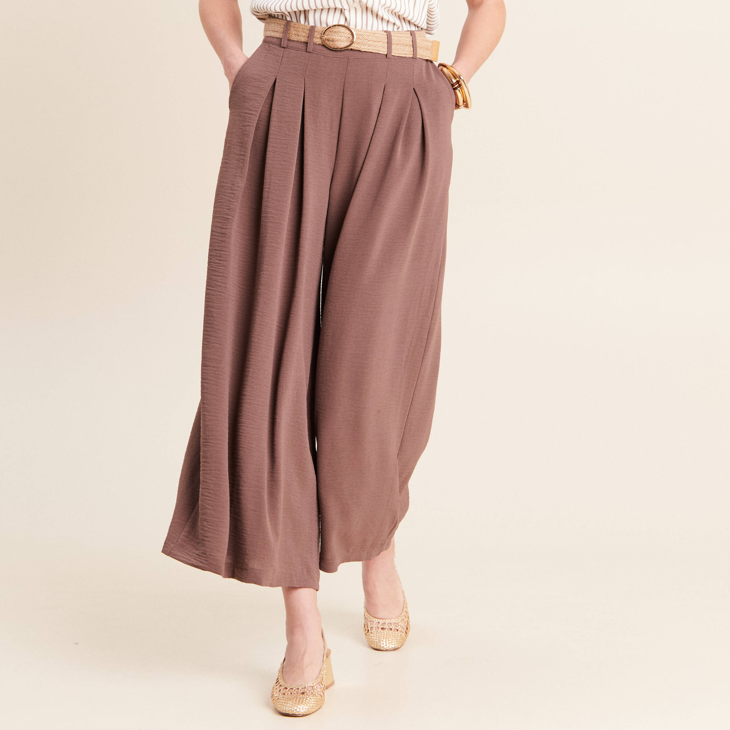 Pantalon jupe-culotte large marron femme