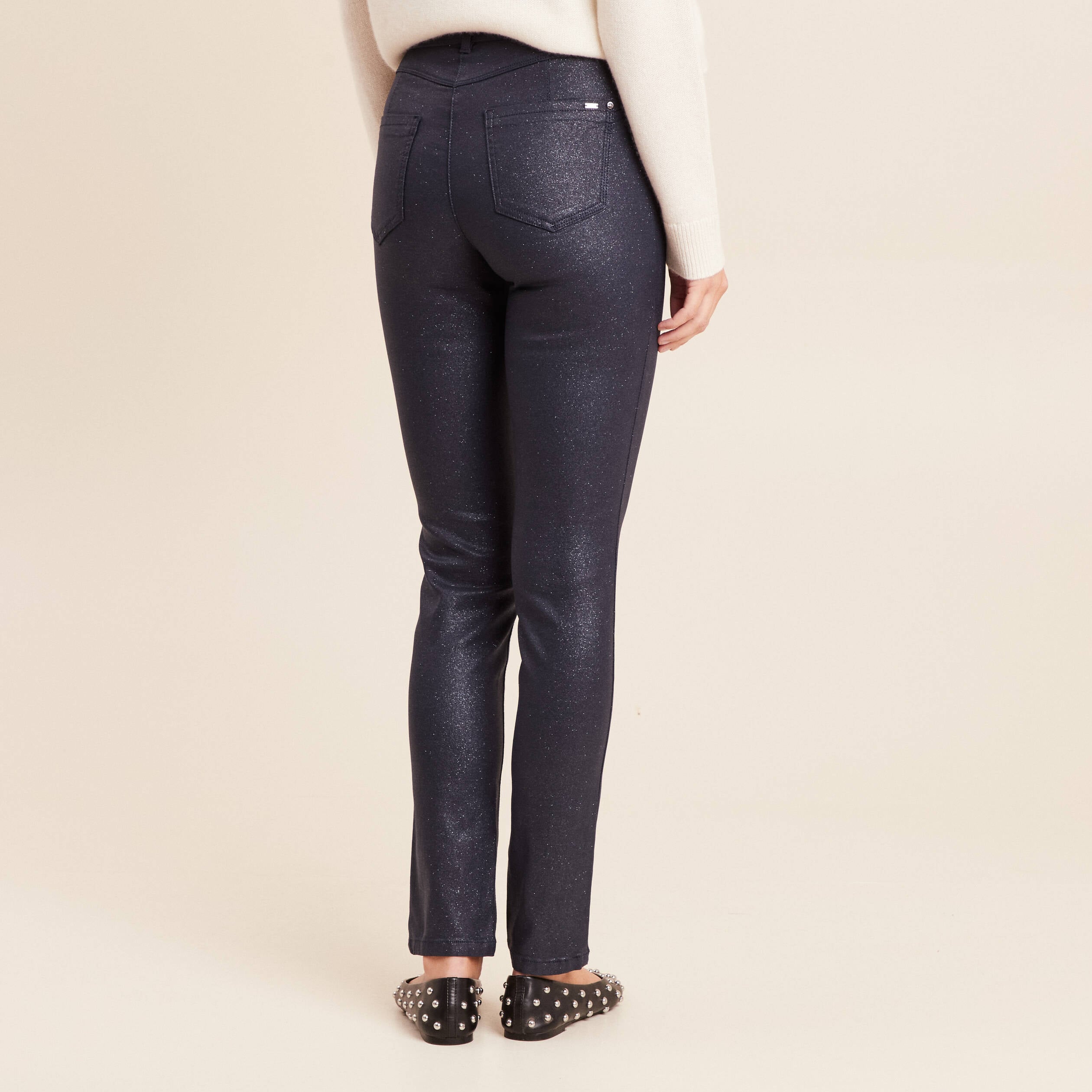 Pantalon iris&eacute; en similicuir bleu fonc&eacute; femme
