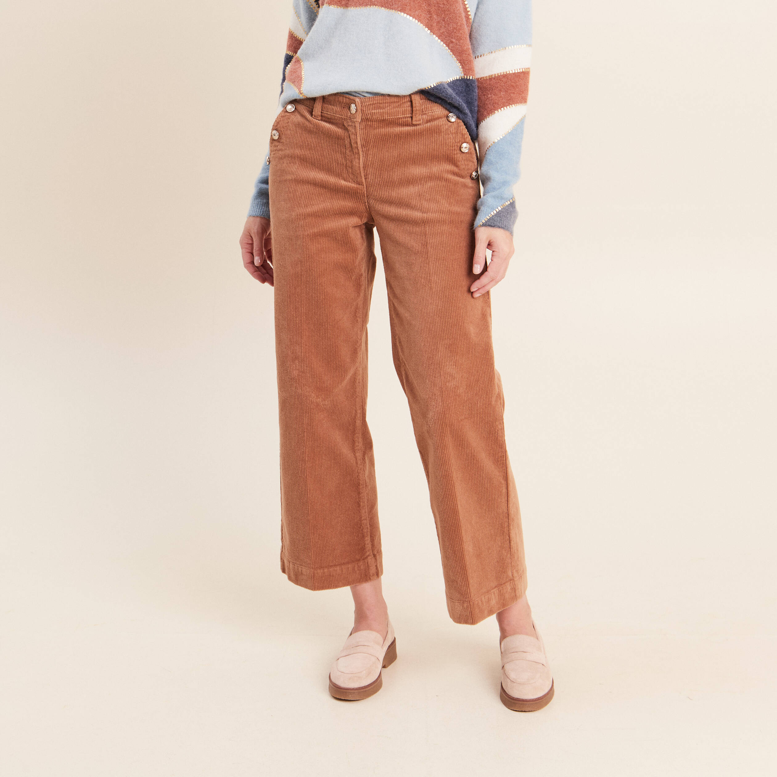 Pantalon large velours c&ocirc;tel&eacute; marron femme