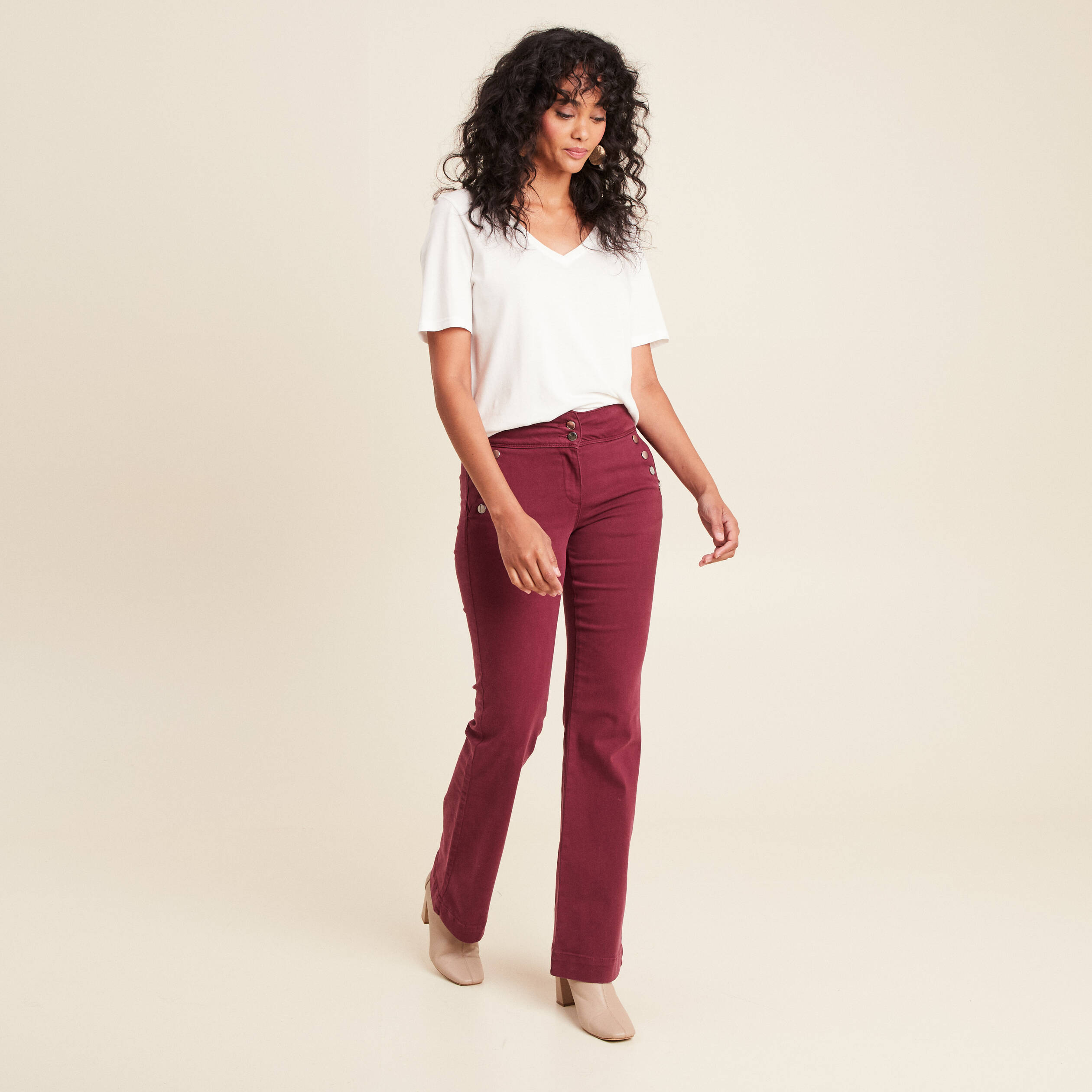 Pantalon coupe bootcut &agrave; pont bordeaux femme