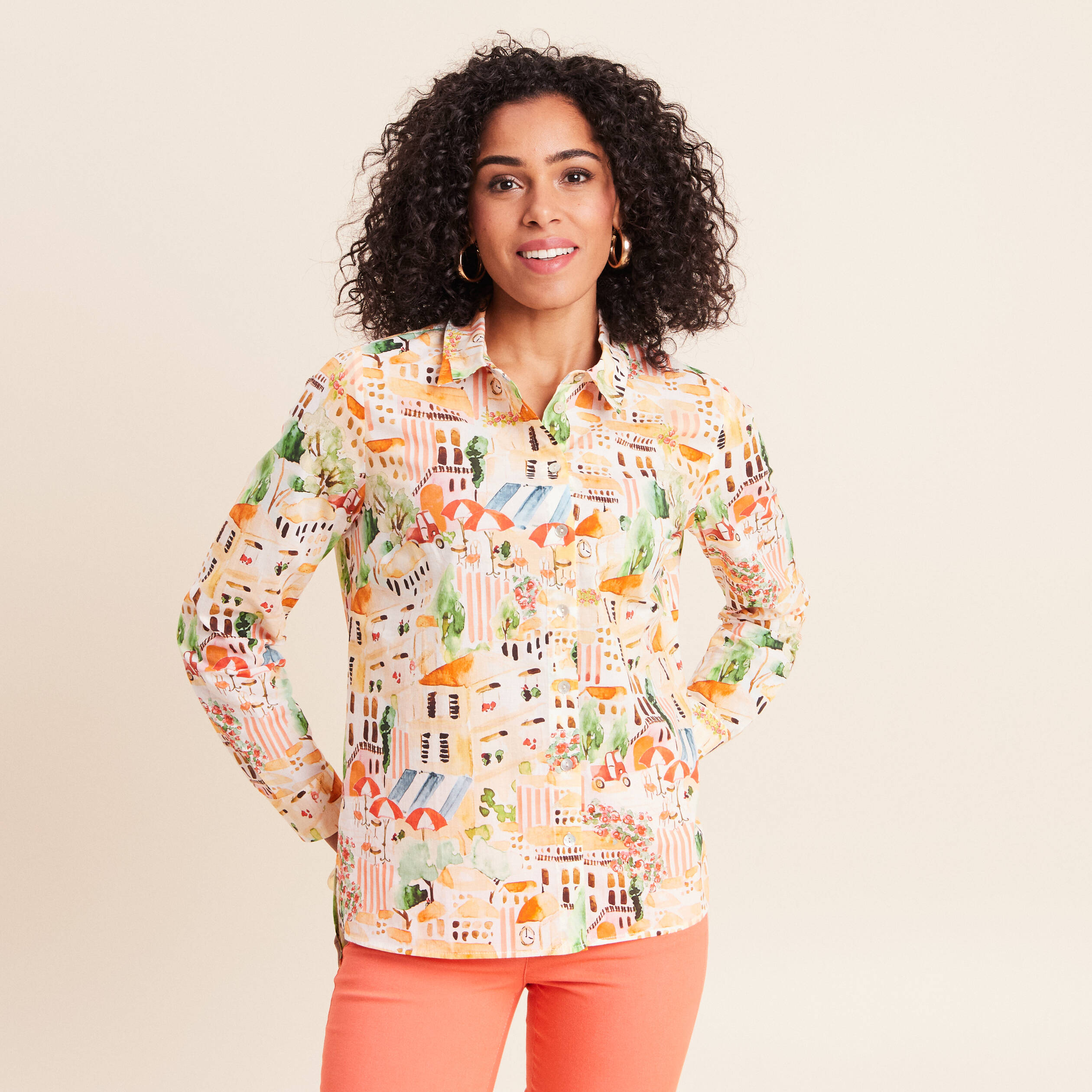 Chemise col am&eacute;ricain manches longues multicolore femme