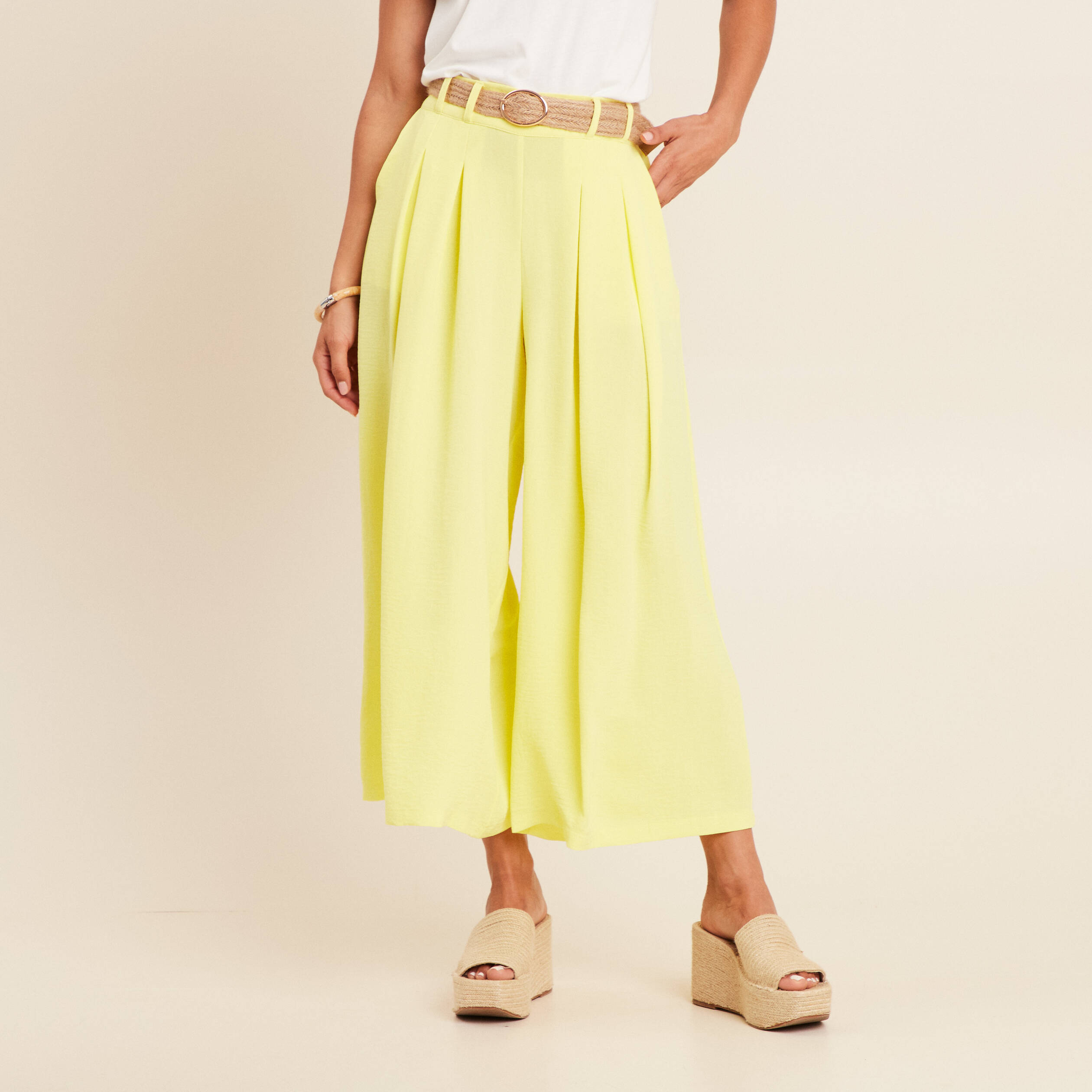 pantalon jupe culotte large jaune clair femme Pantalon jupe-culotte large jaune clair femme