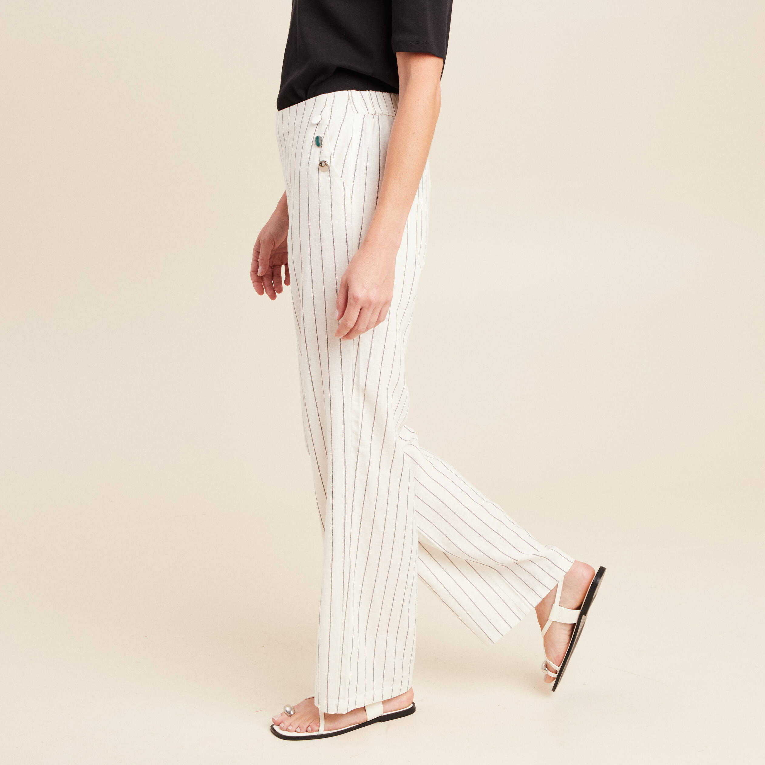 pantalon taille haute aspect lin blanc femme Pantalon taille haute aspect lin blanc femme