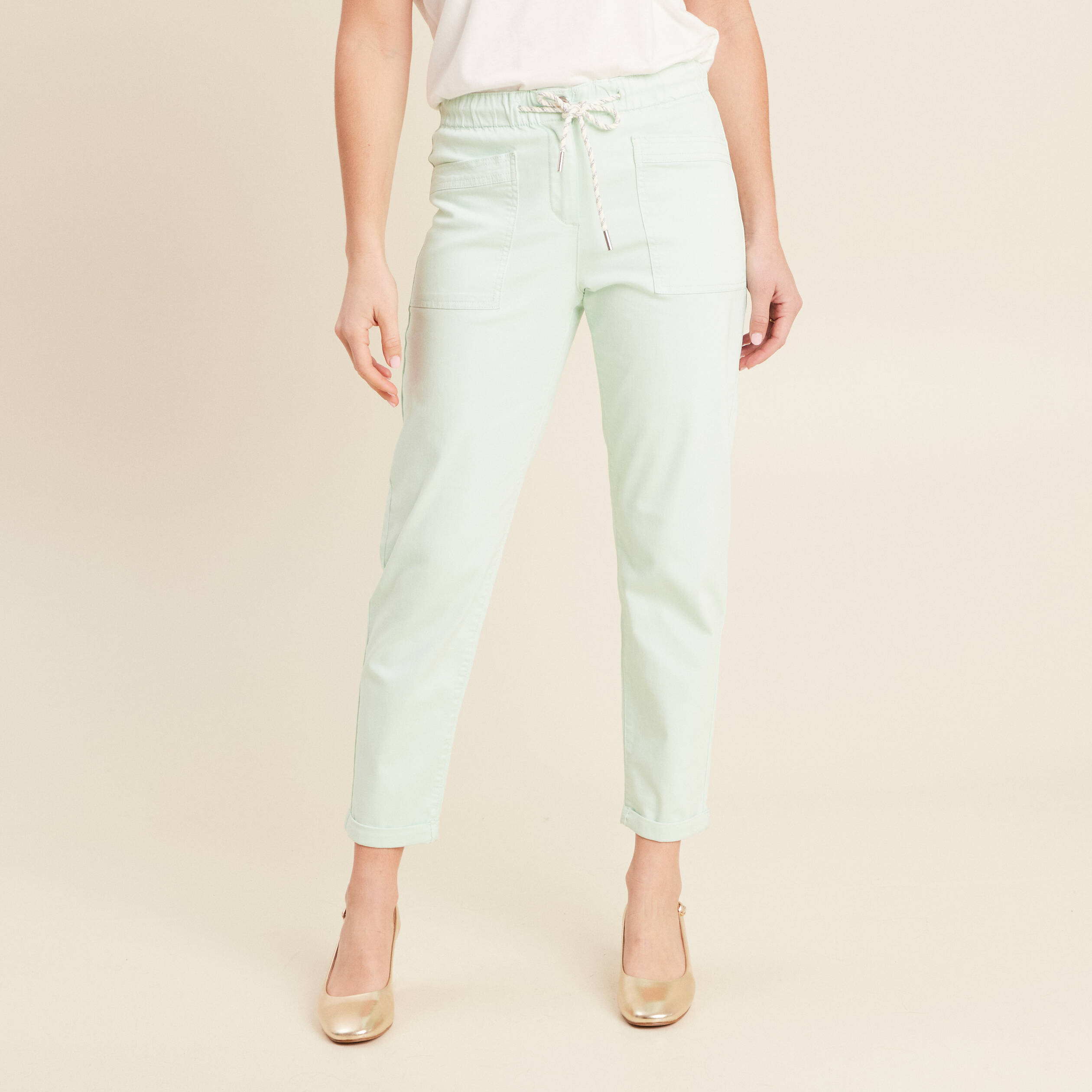 pantalon coupe droite a coulisse vert clair femme Pantalon coupe droite à coulisse vert clair femme