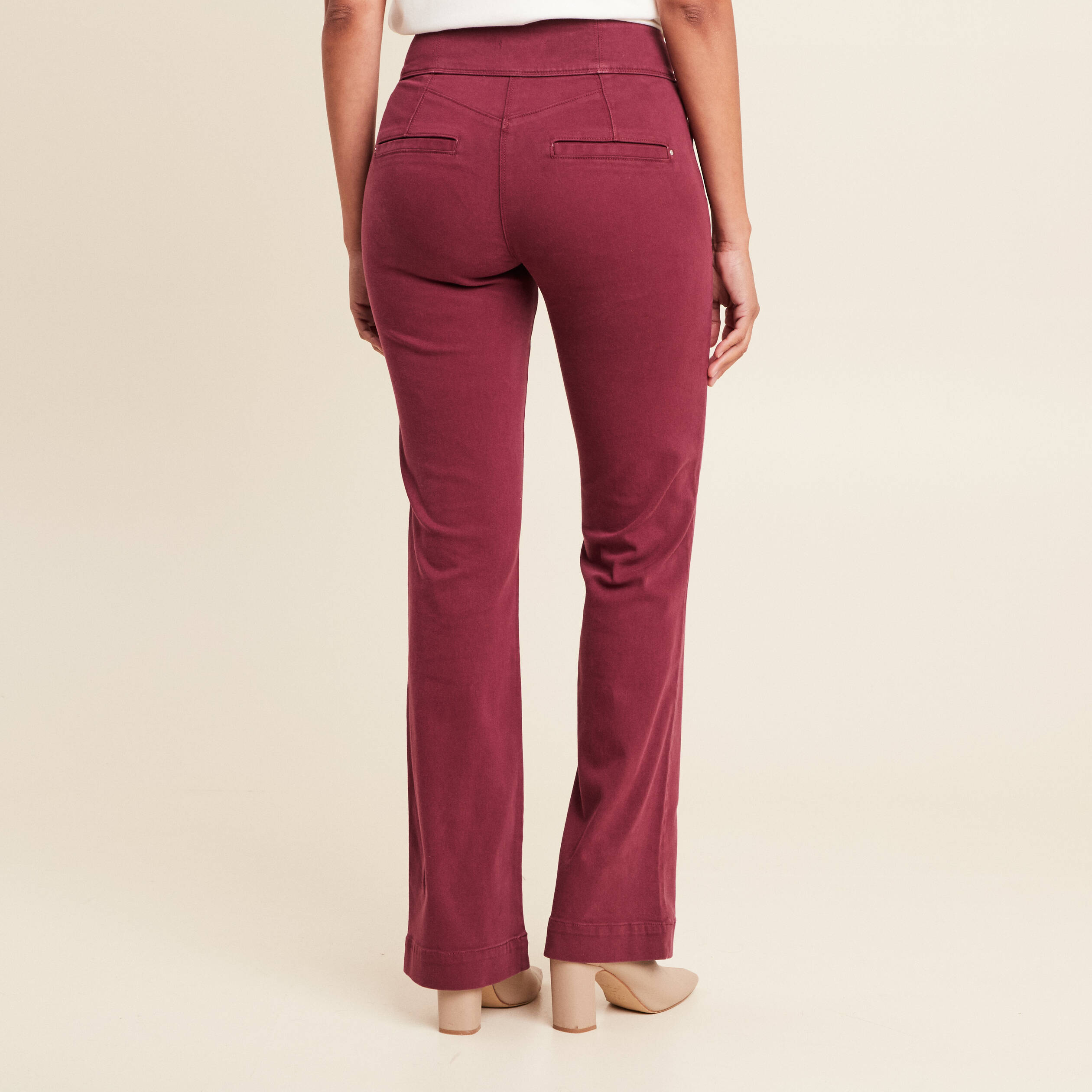 Pantalon coupe bootcut &agrave; pont bordeaux femme
