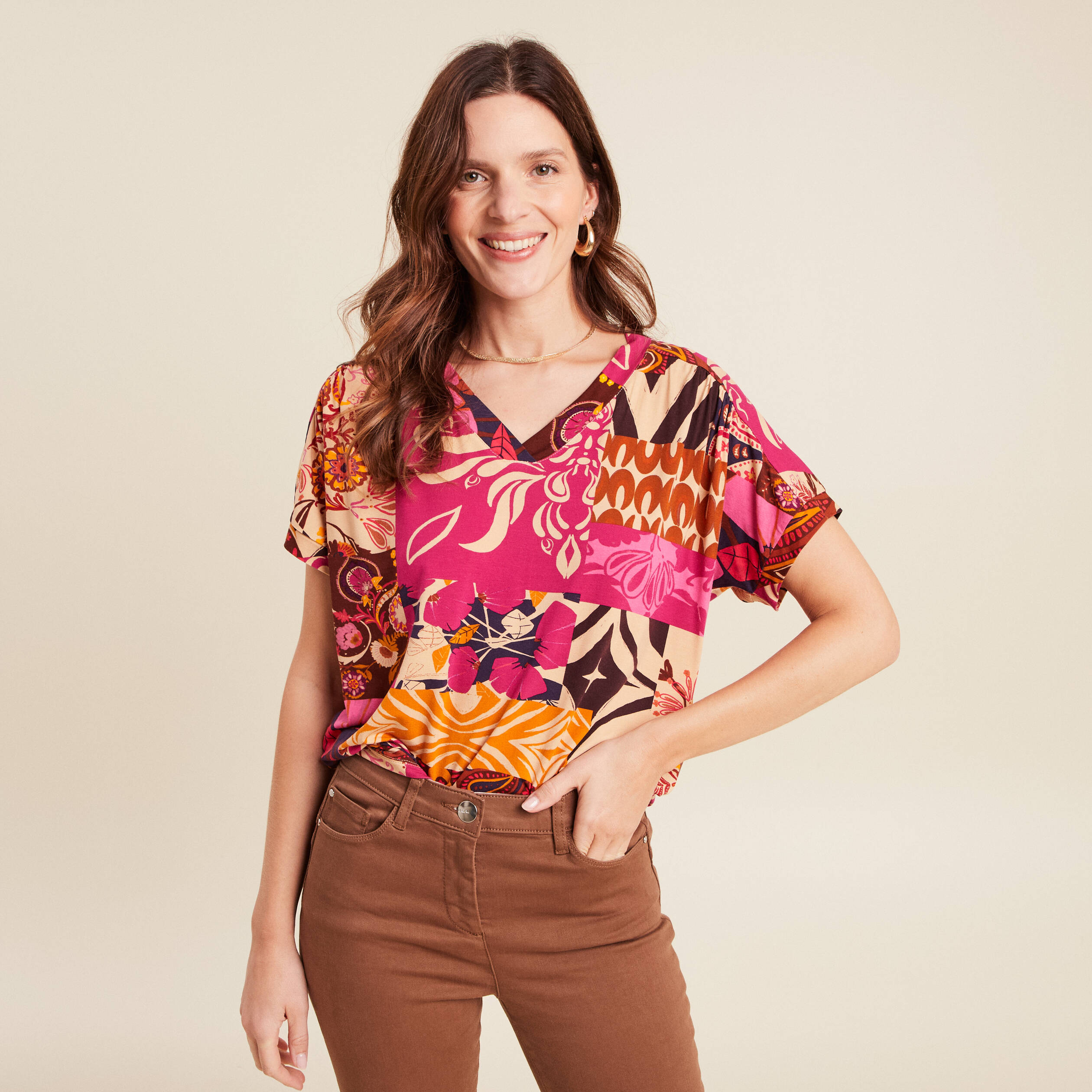 t shirt col v manches courtes rose femme T-shirt col v manches courtes rose femme