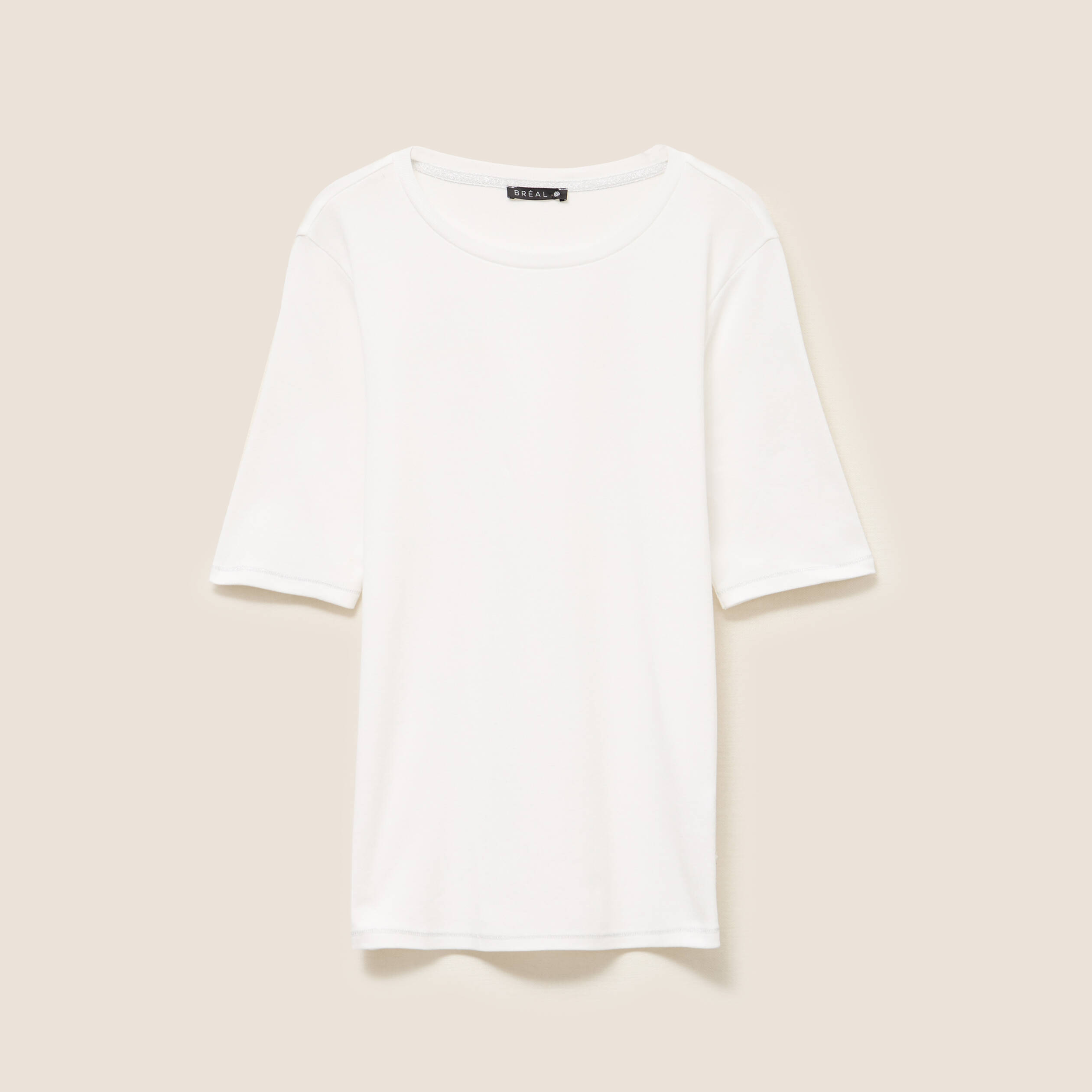 T-shirt ajust&eacute; col rond manches coudes ecru femme