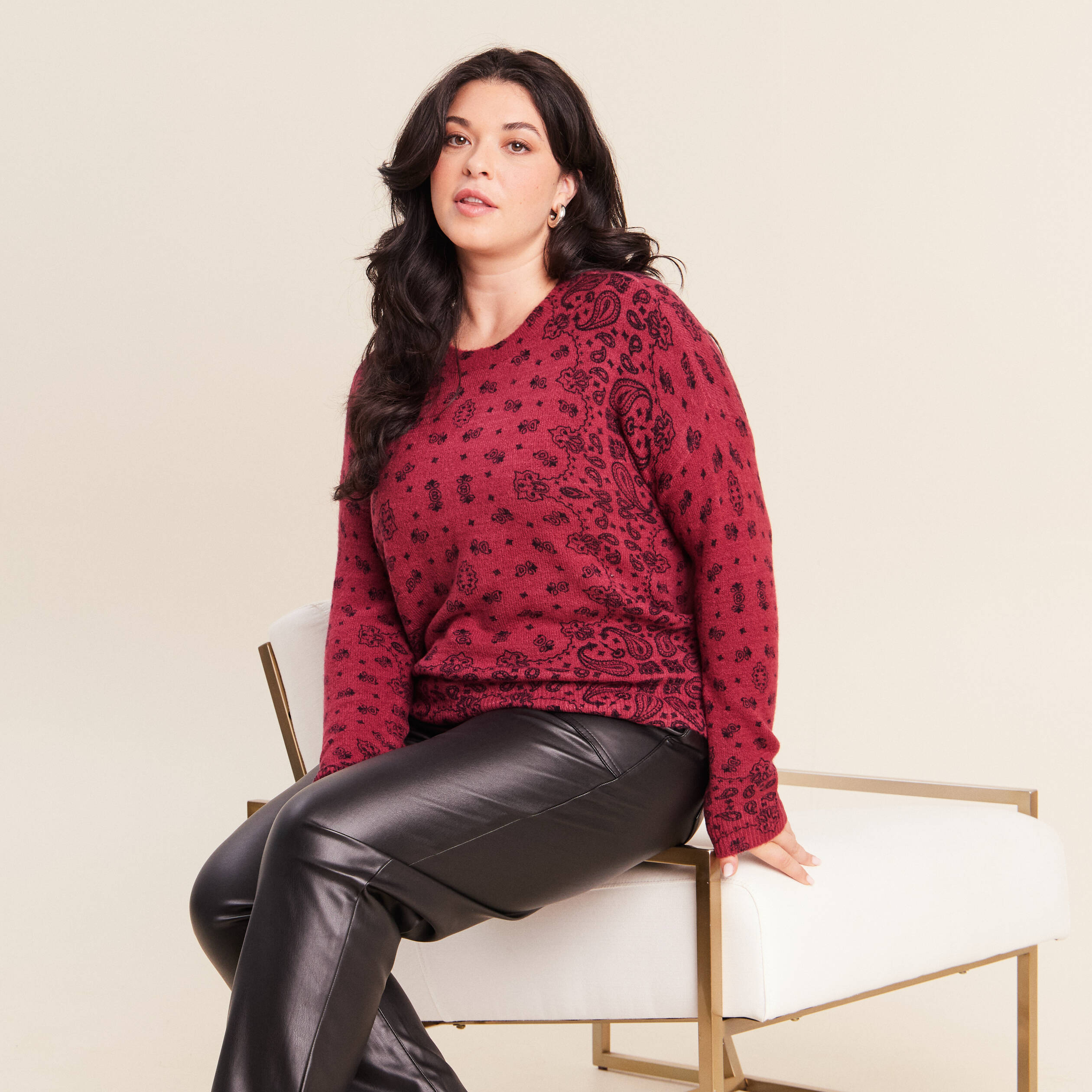 Pull col rond bordeaux femme