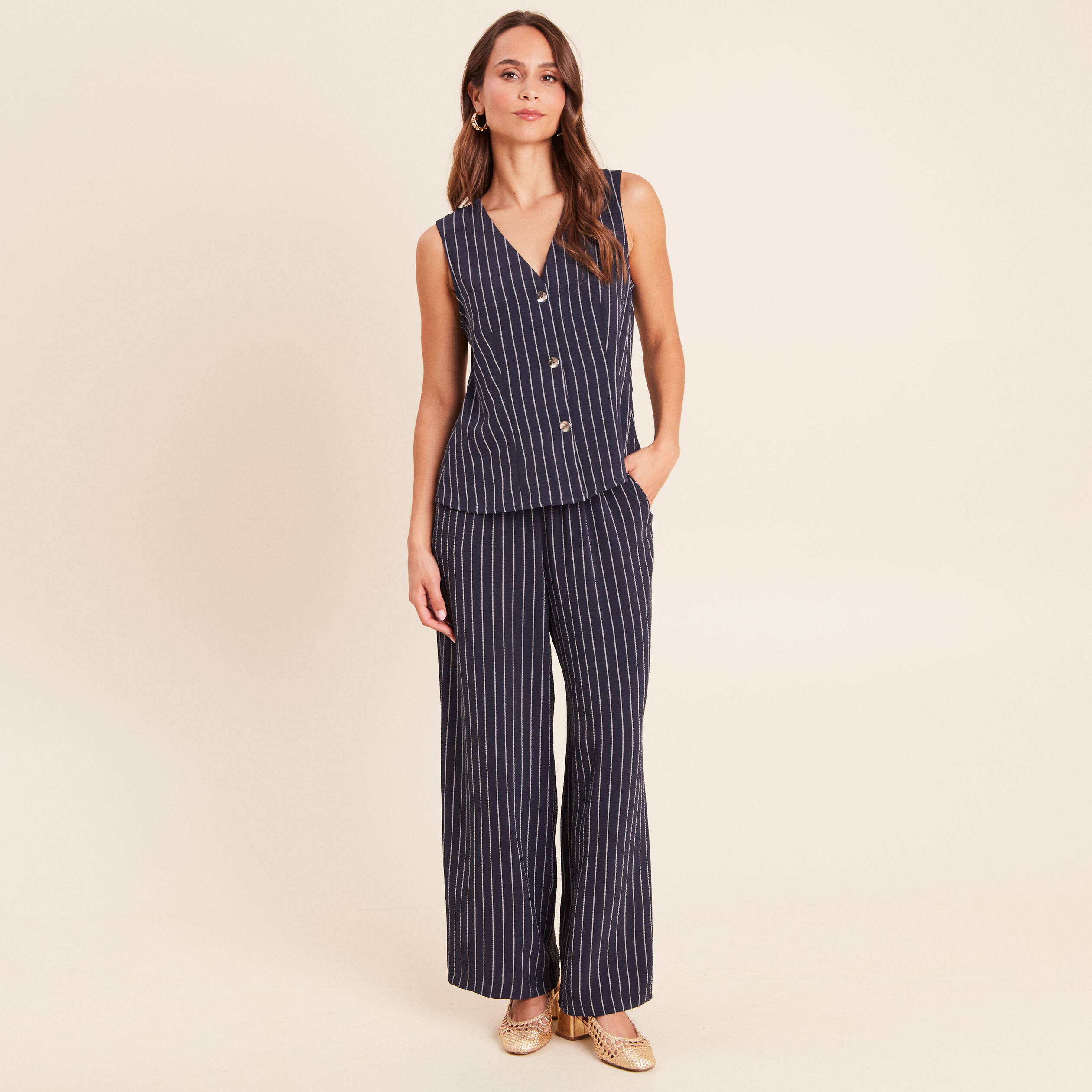 Pantalon large taille haute bleu fonc&eacute; femme