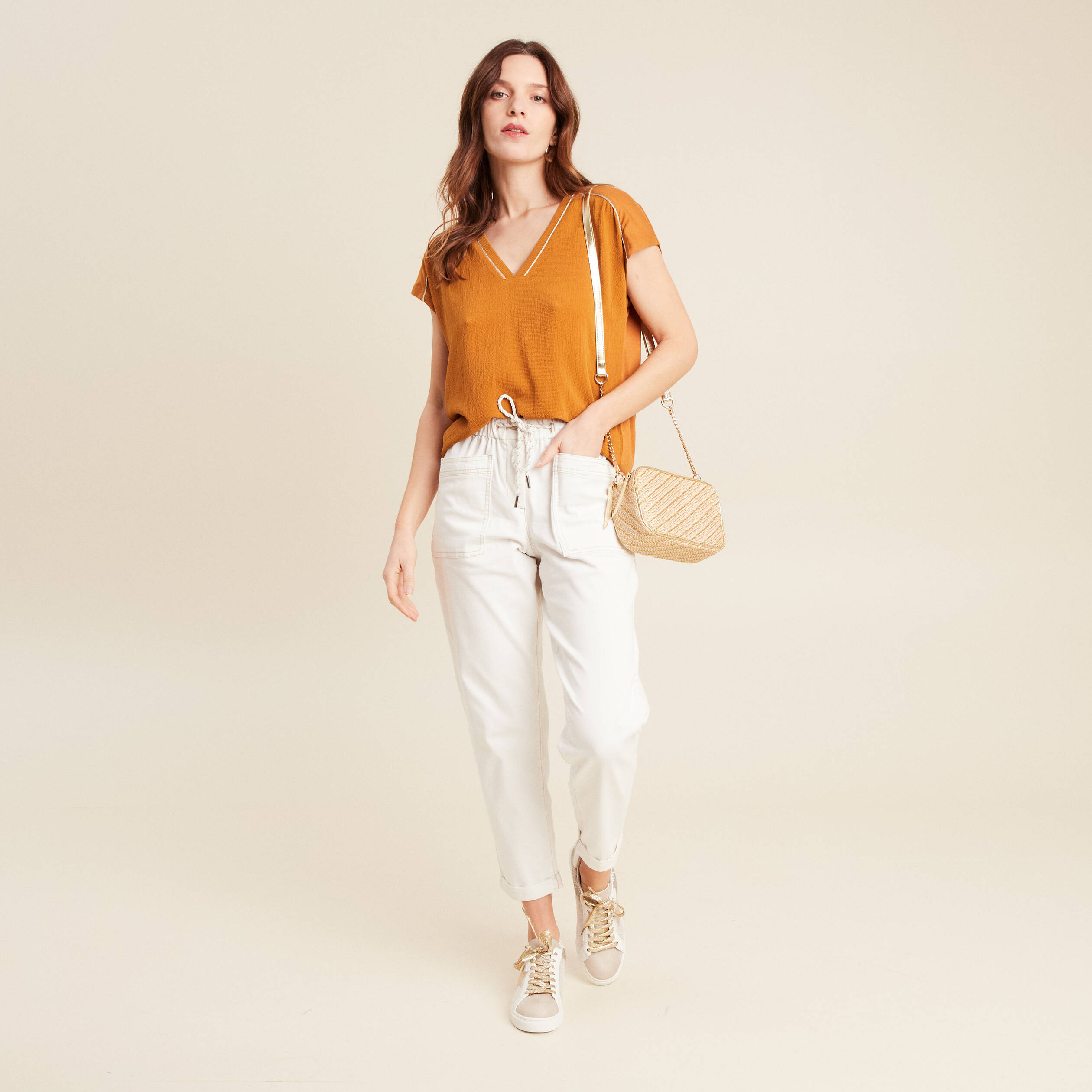 pantalon coupe droite a coulisse blanc femme Pantalon coupe droite à coulisse blanc femme