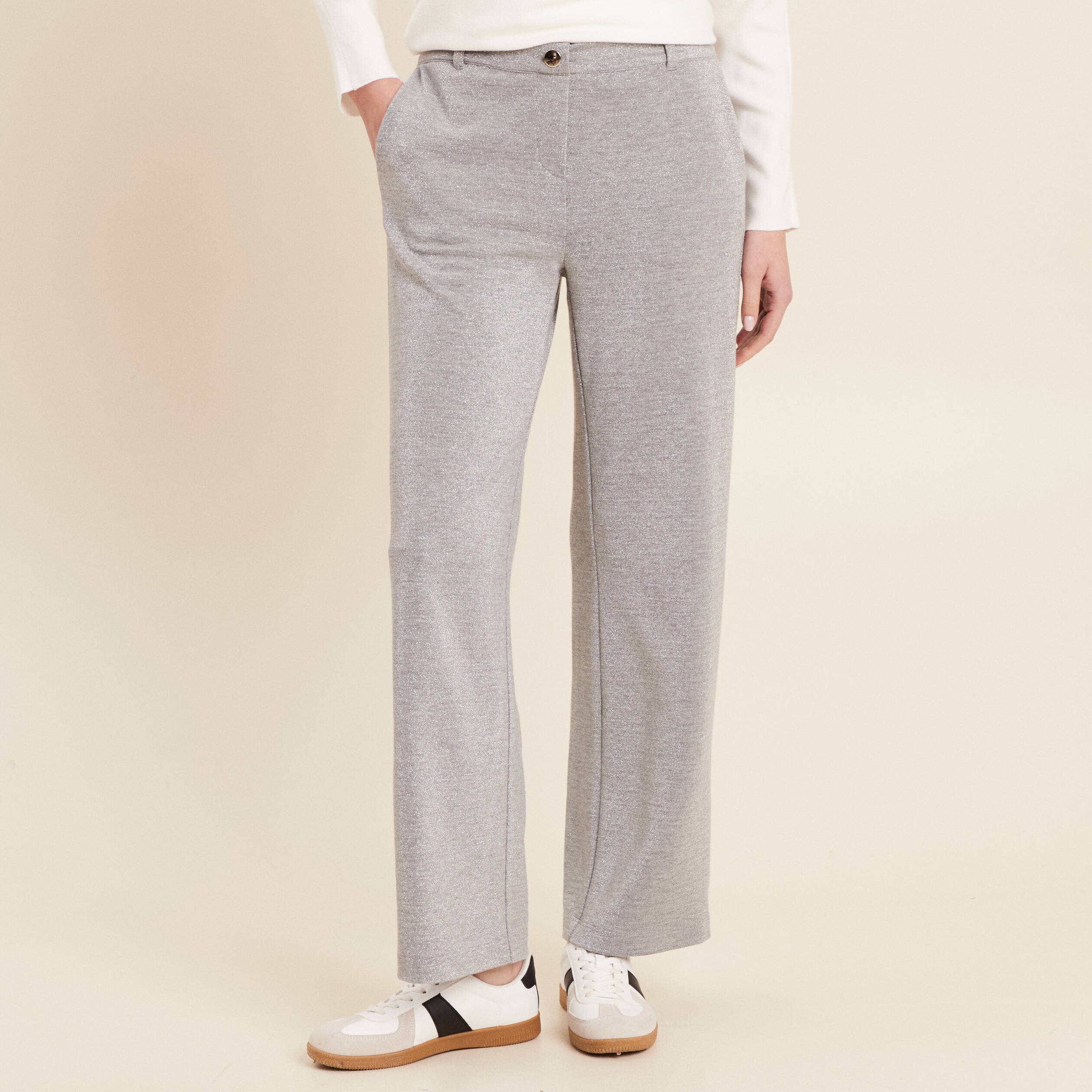 pantalon large paillettes gris argent femme Pantalon large paillettes gris argent femme