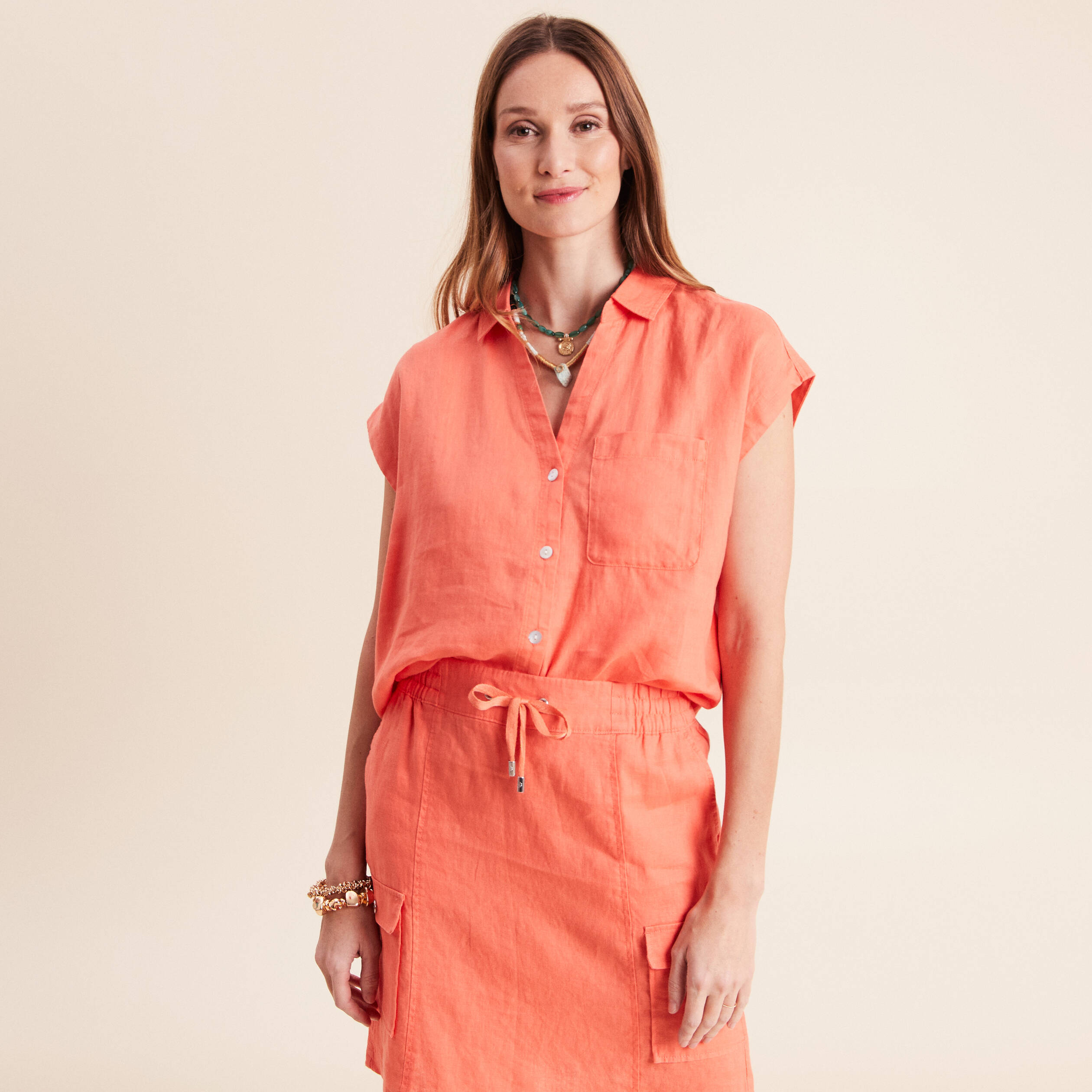 Chemise ample manches courtes aspect lin orange fluo femme