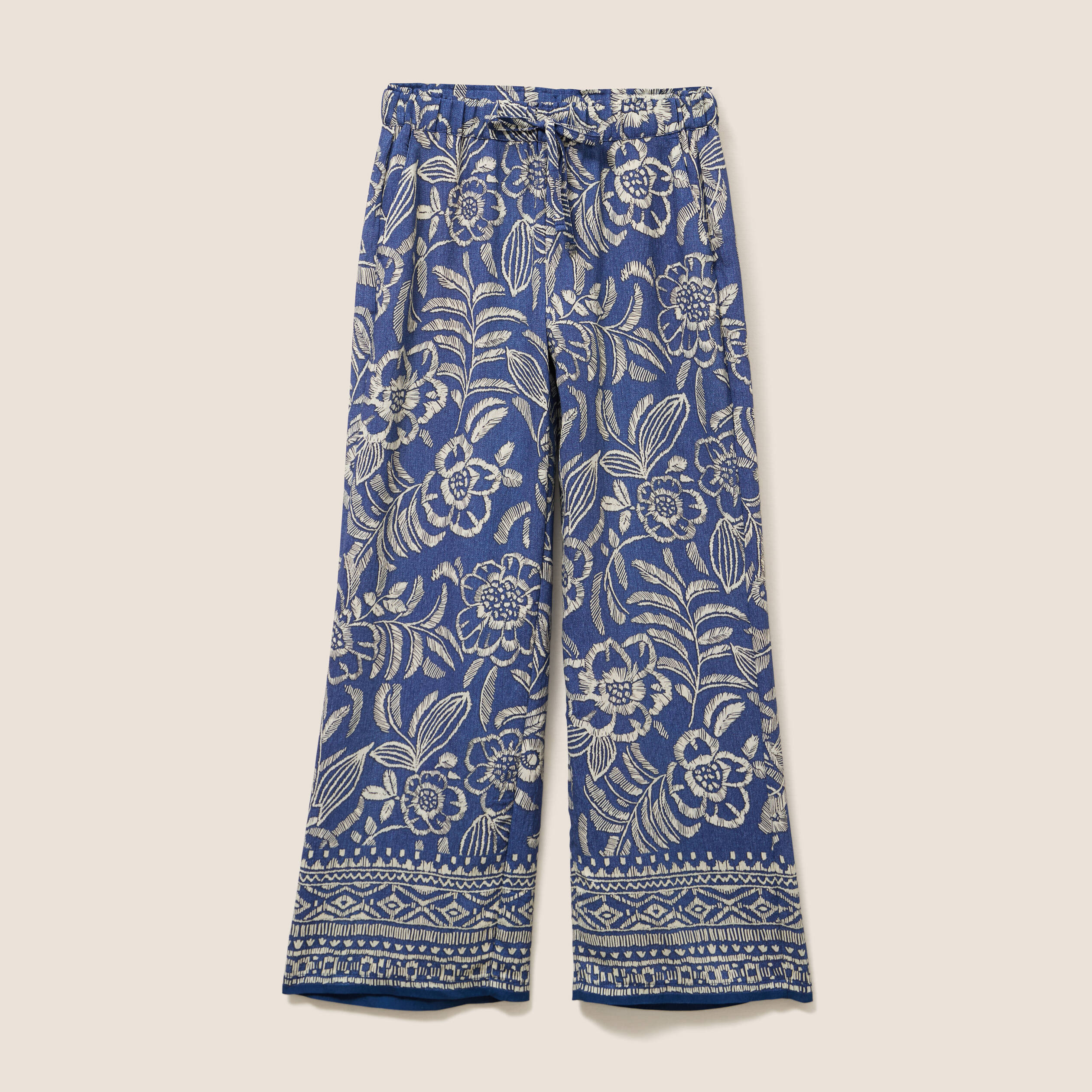 Pantalon large taille haute bleu femme