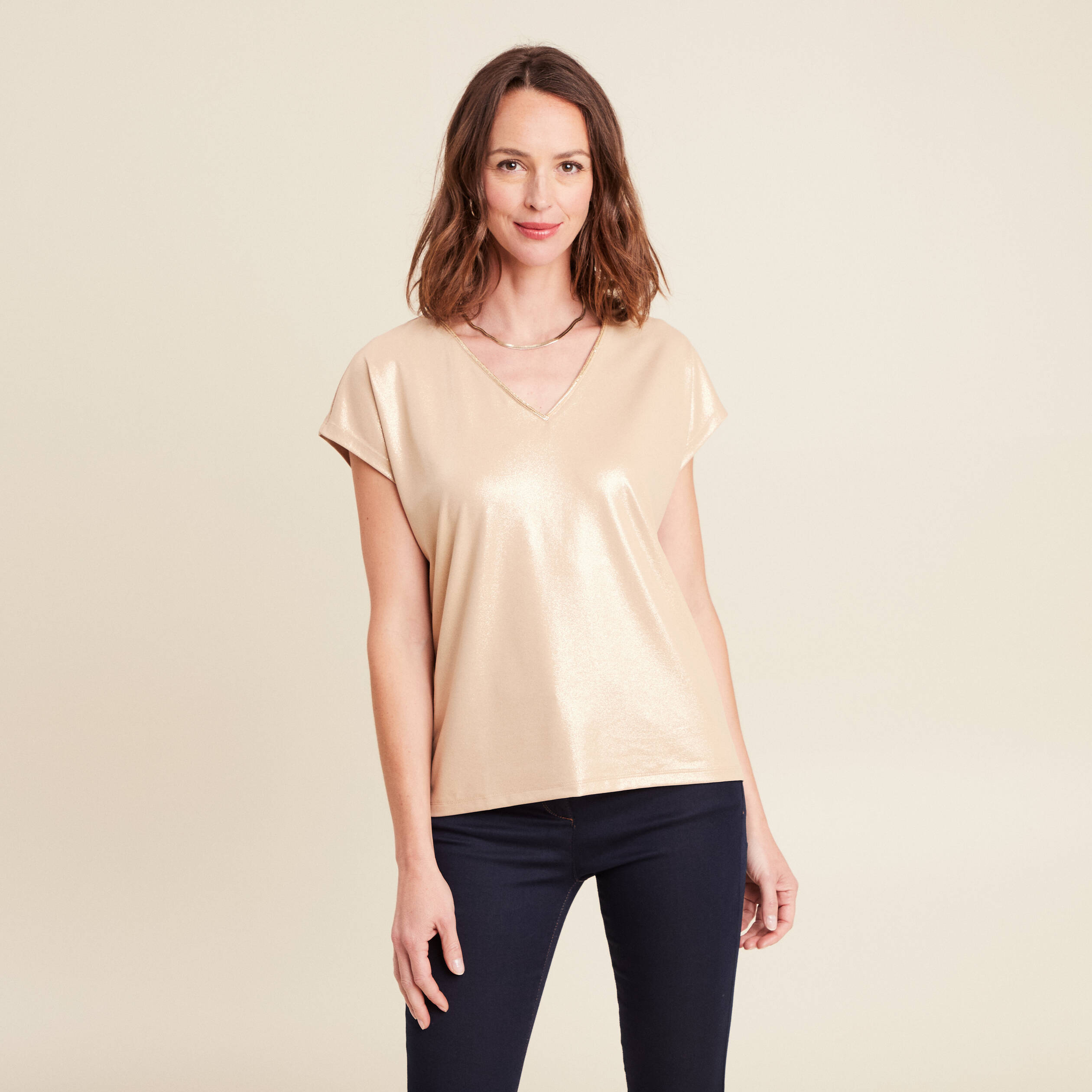 t shirt col v manches courtes beige femme t-shirt col V manches courtes beige femme