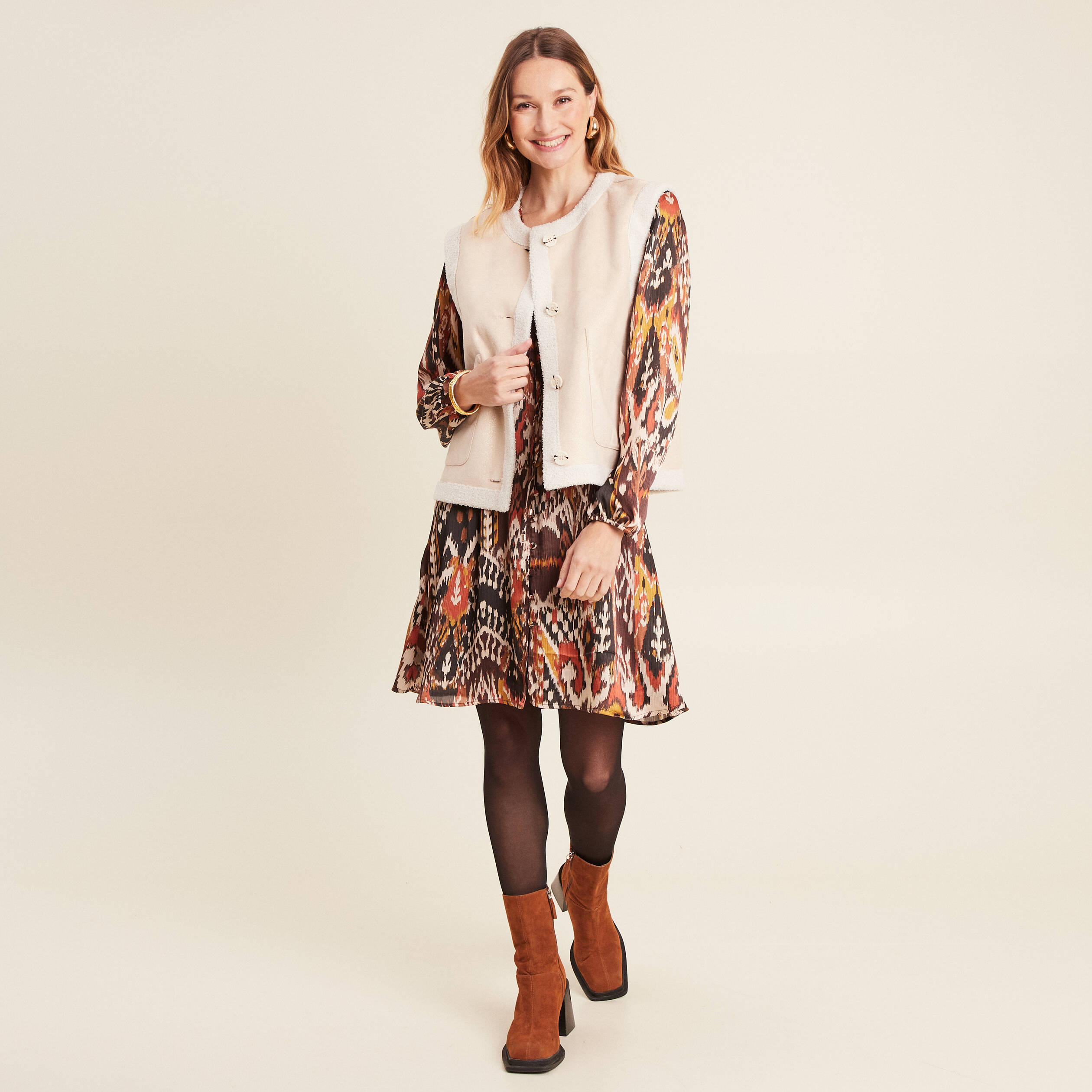 Gilet r&eacute;versible laine mouton beige femme
